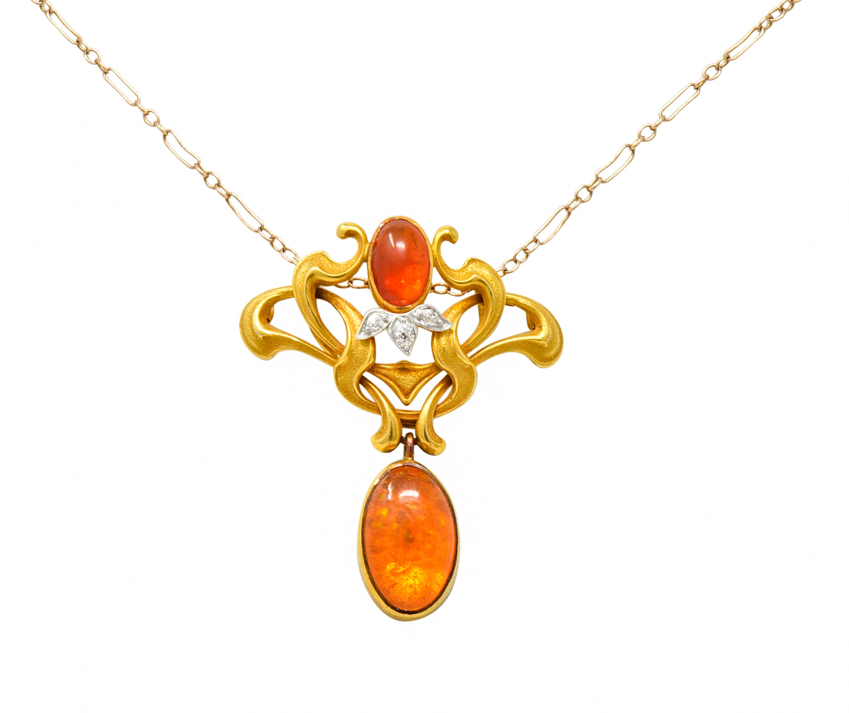 Art Nouveau Mexican Fire Opal Diamond 14 Karat Gold Whiplash Pendant NecklaceNecklace - Wilson's Estate Jewelry