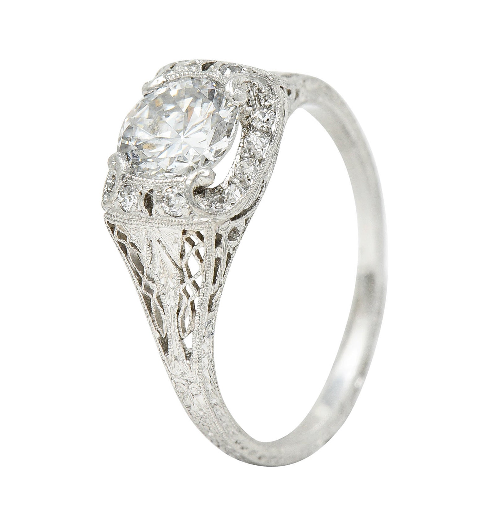 Art Deco 1.35 CTW Diamond Platinum Scrolling Engagement Ring GIARing - Wilson's Estate Jewelry