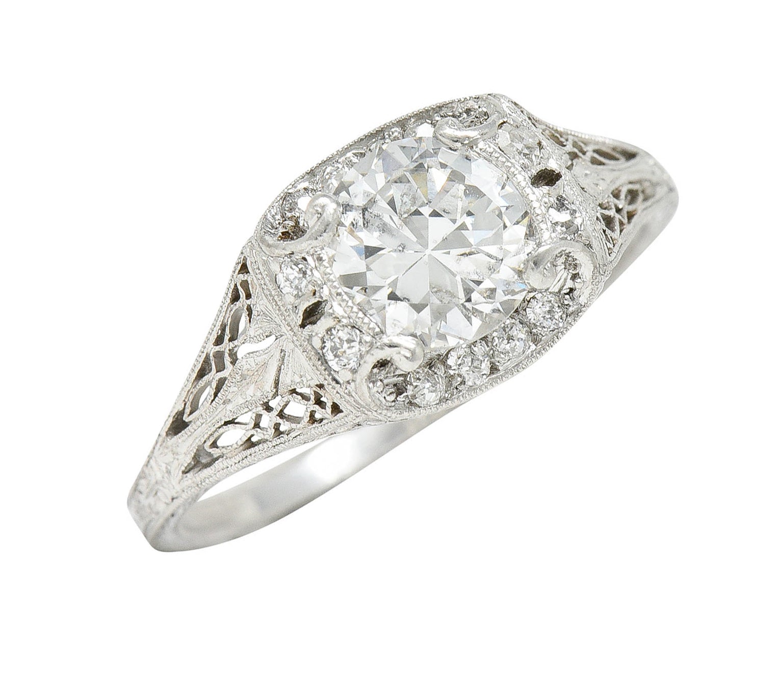 Art Deco 1.35 CTW Diamond Platinum Scrolling Engagement Ring GIARing - Wilson's Estate Jewelry