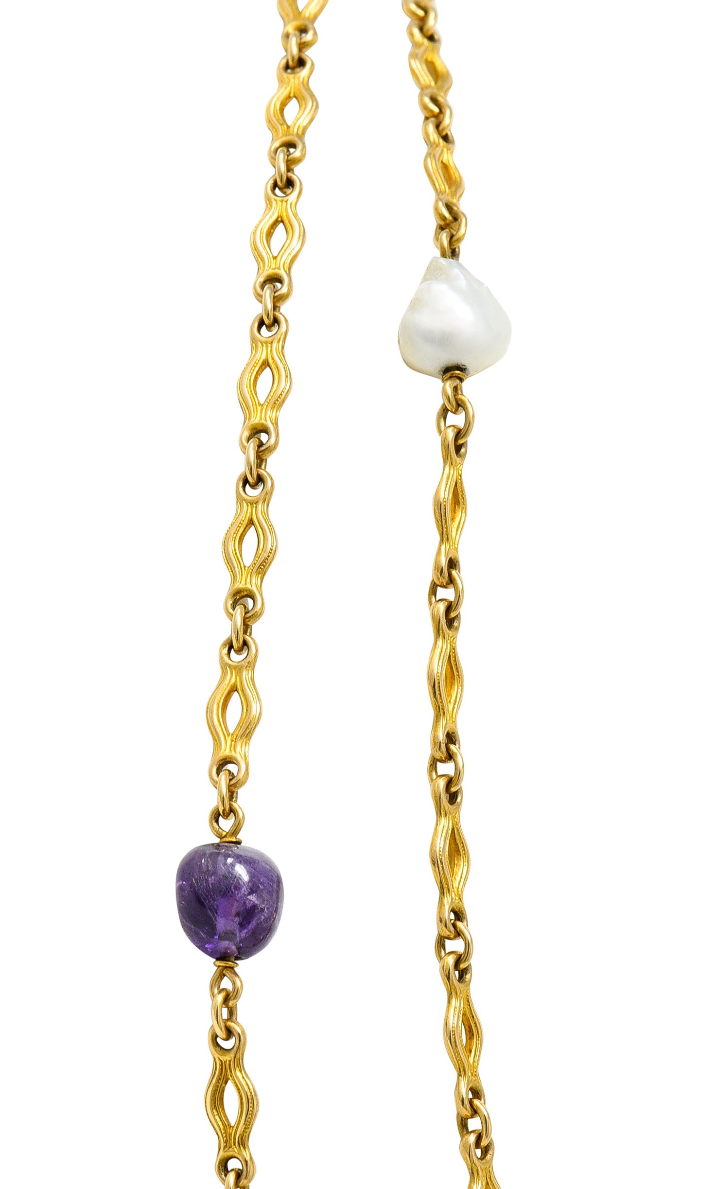 Victorian Multi-Gem Baroque Pearl 14 Karat Gold 52 Inch Chain NecklaceNecklace - Wilson's Estate Jewelry