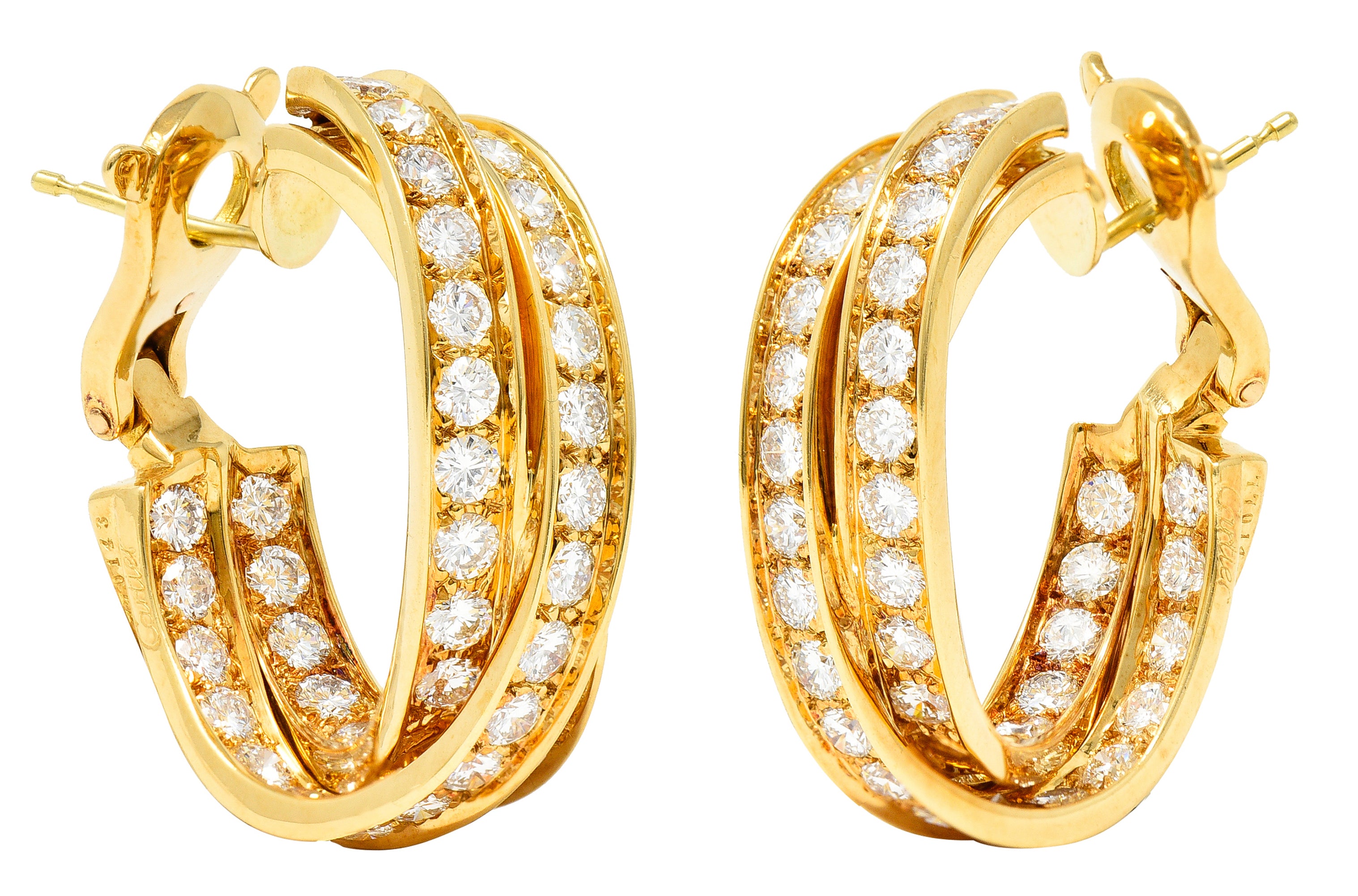 Cartier French 1990's 6.15 CTW Diamond 18 Karat Yellow Gold Twisting Trinity Inside/Outside J-Hoop Vintage Earrings Wilson's Estate Jewelry