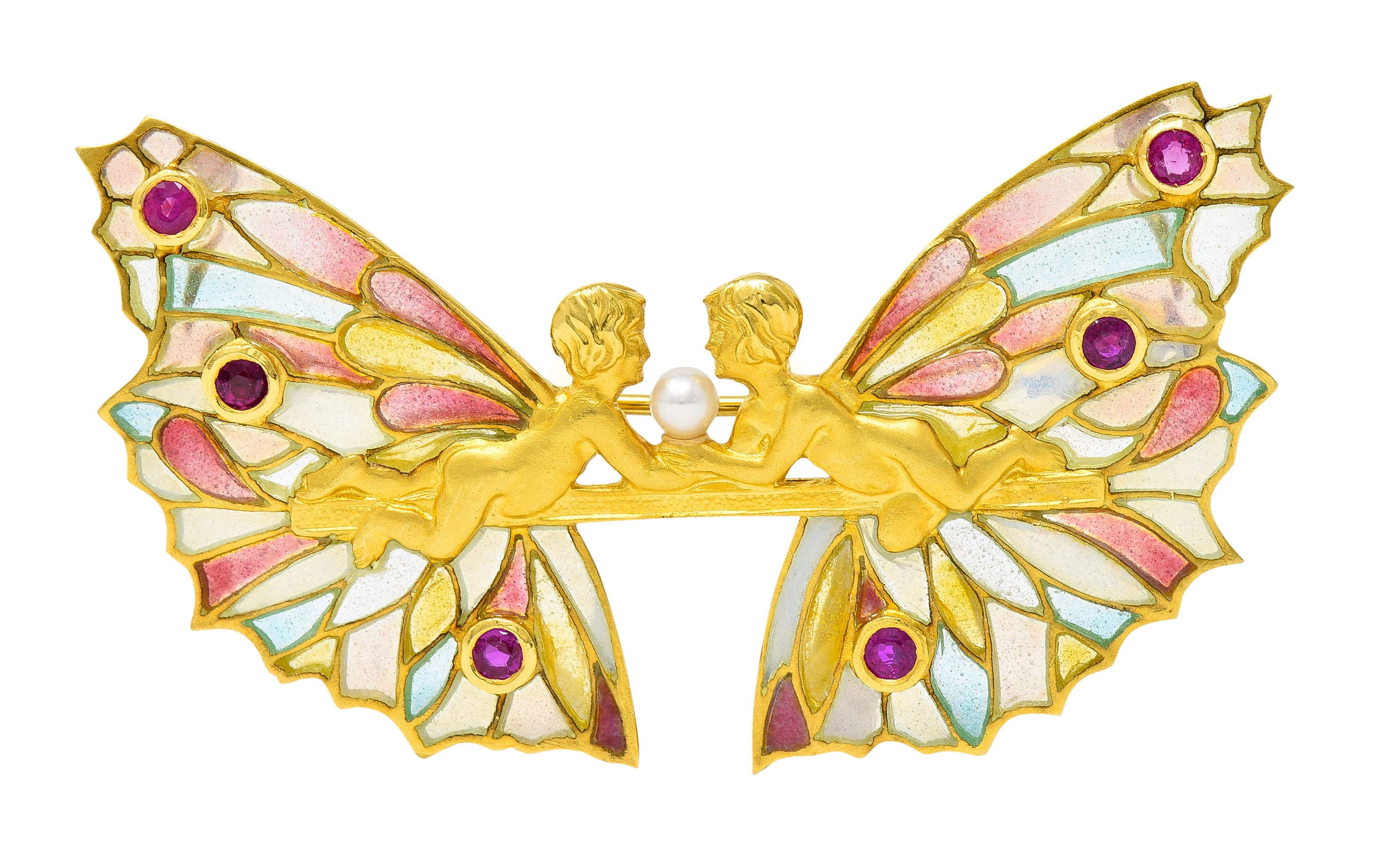 Masriera Ruby Pearl Plique-a-Jour Enamel 18 Karat Yellow Gold Fairy Pendant Brooch Wilson's Estate Jewelry