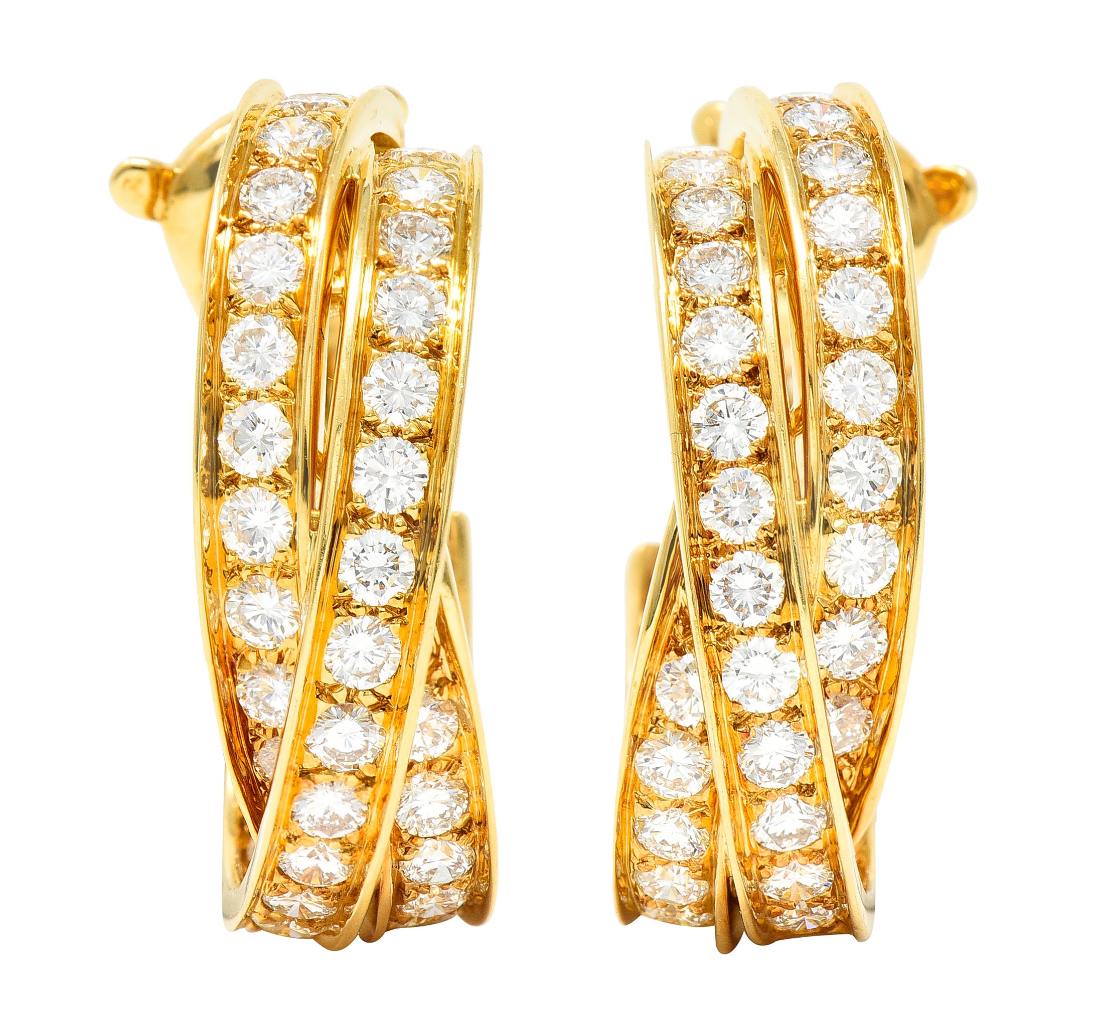 Cartier French 1990's 6.15 CTW Diamond 18 Karat Yellow Gold Twisting Trinity Inside/Outside J-Hoop Vintage Earrings Wilson's Estate Jewelry