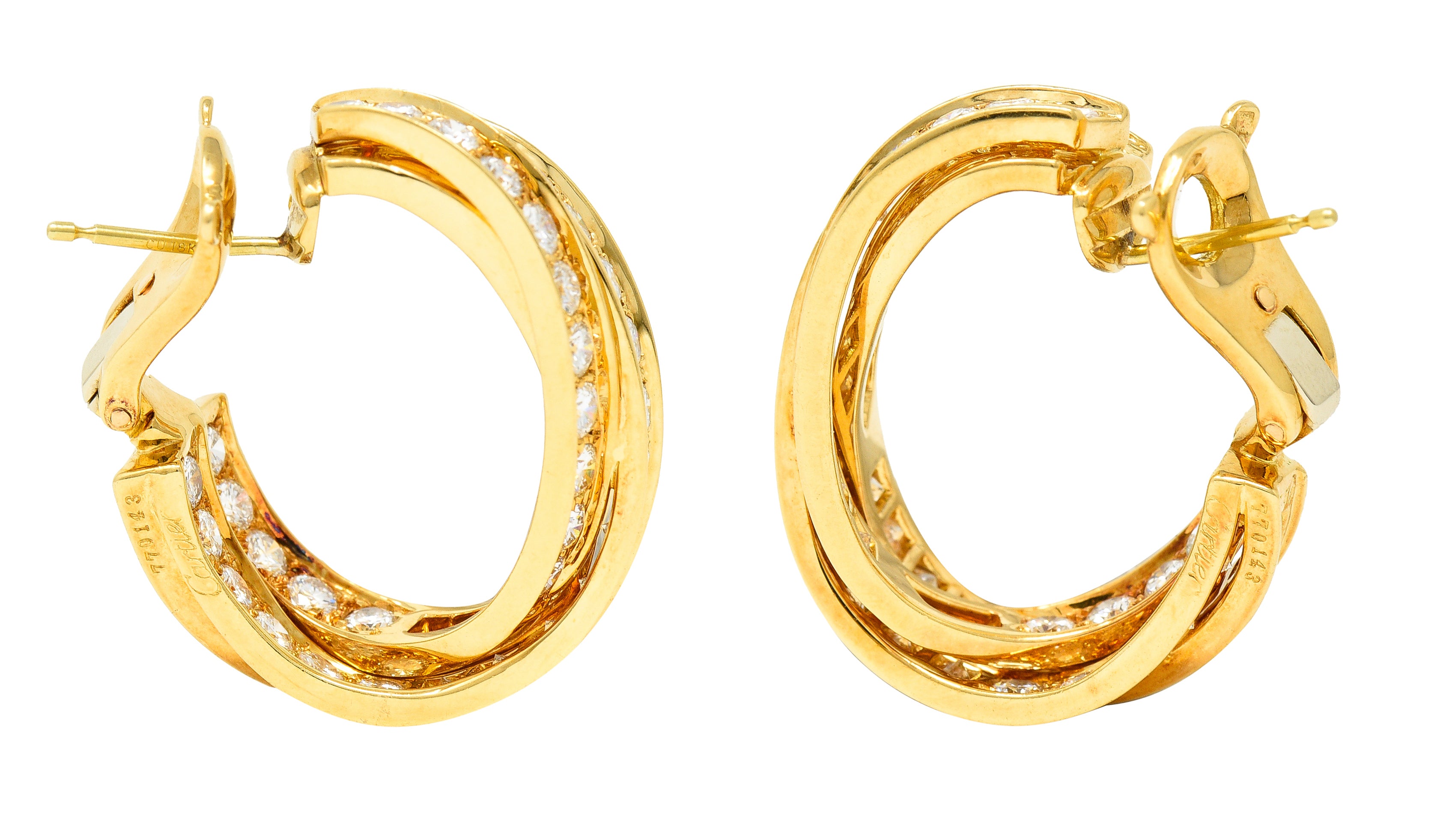 Cartier French 1990's 6.15 CTW Diamond 18 Karat Yellow Gold Twisting Trinity Inside/Outside J-Hoop Vintage Earrings Wilson's Estate Jewelry