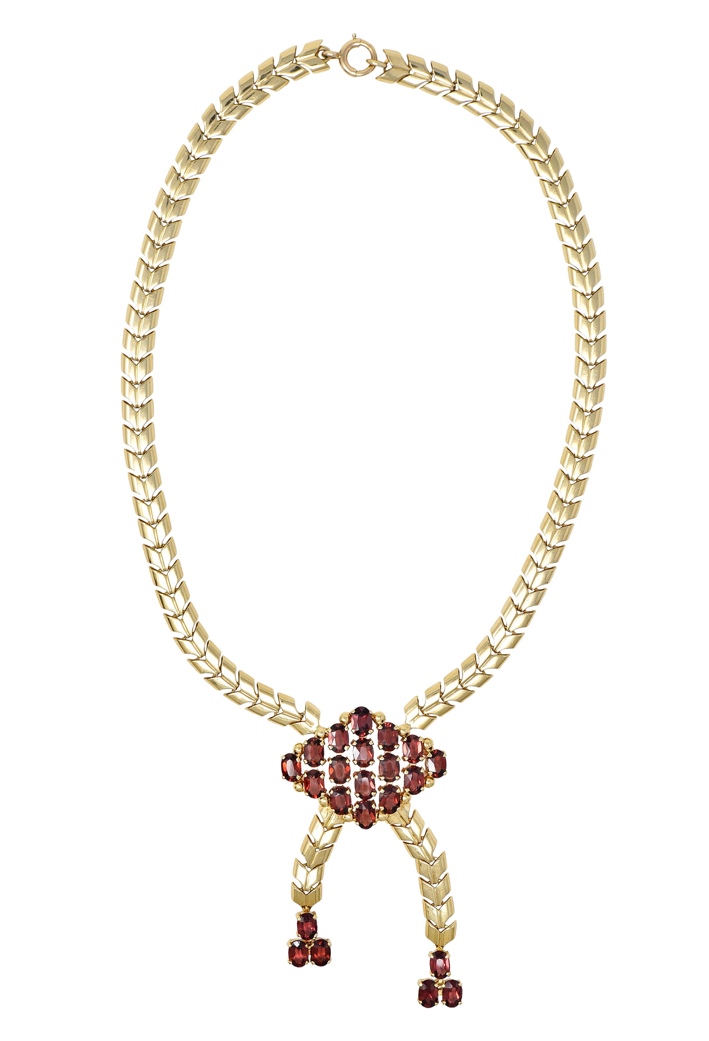 Tiffany & Co. Wordley Allsopp & Bliss Retro Garnet 14 Karat Yellow Gold Wheat Link Vintage Lariat Station Necklace Wilson's Estate Jewelry