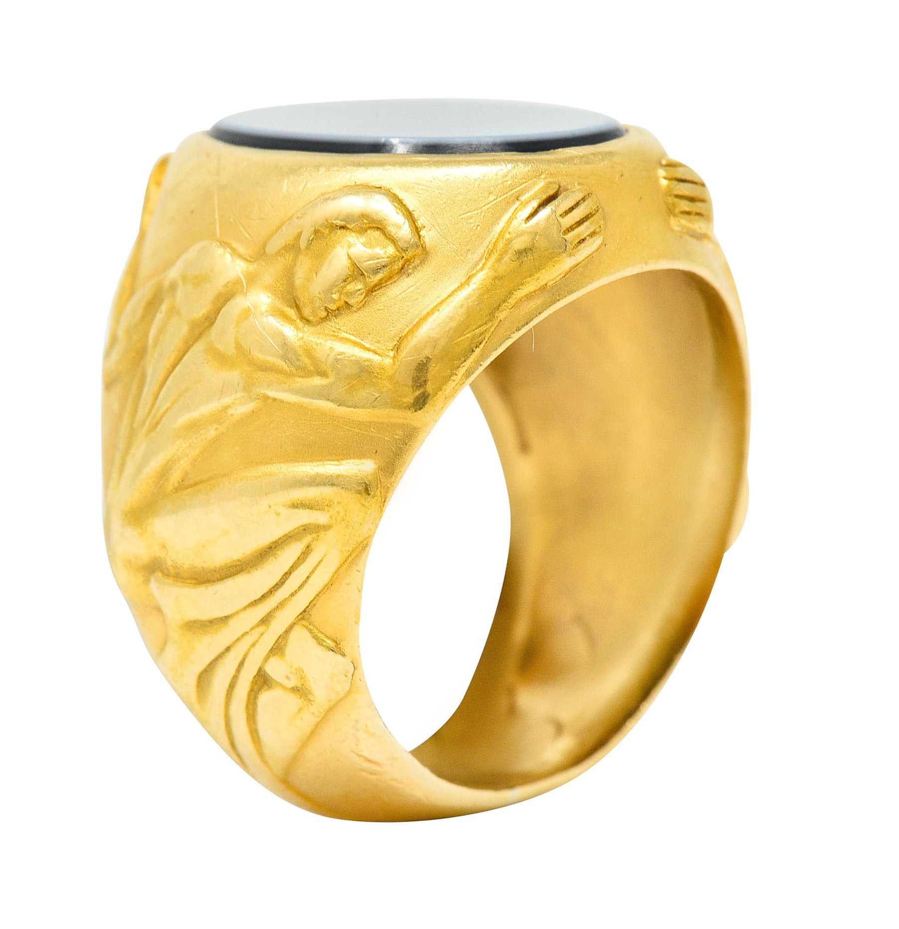 Carrera Y Carrera Onyx Agate 18 Karat Gold Atlas Unisex Signet RingRing - Wilson's Estate Jewelry