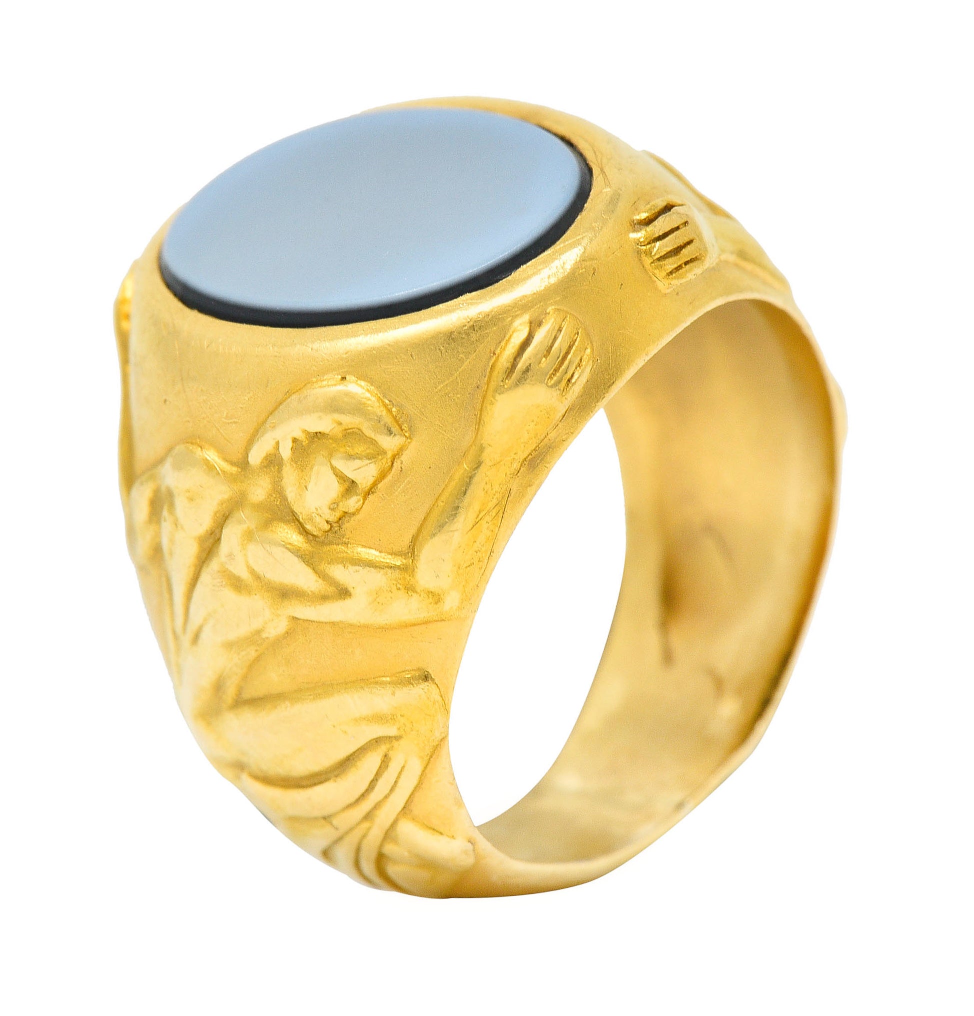 Carrera Y Carrera Onyx Agate 18 Karat Gold Atlas Unisex Signet RingRing - Wilson's Estate Jewelry