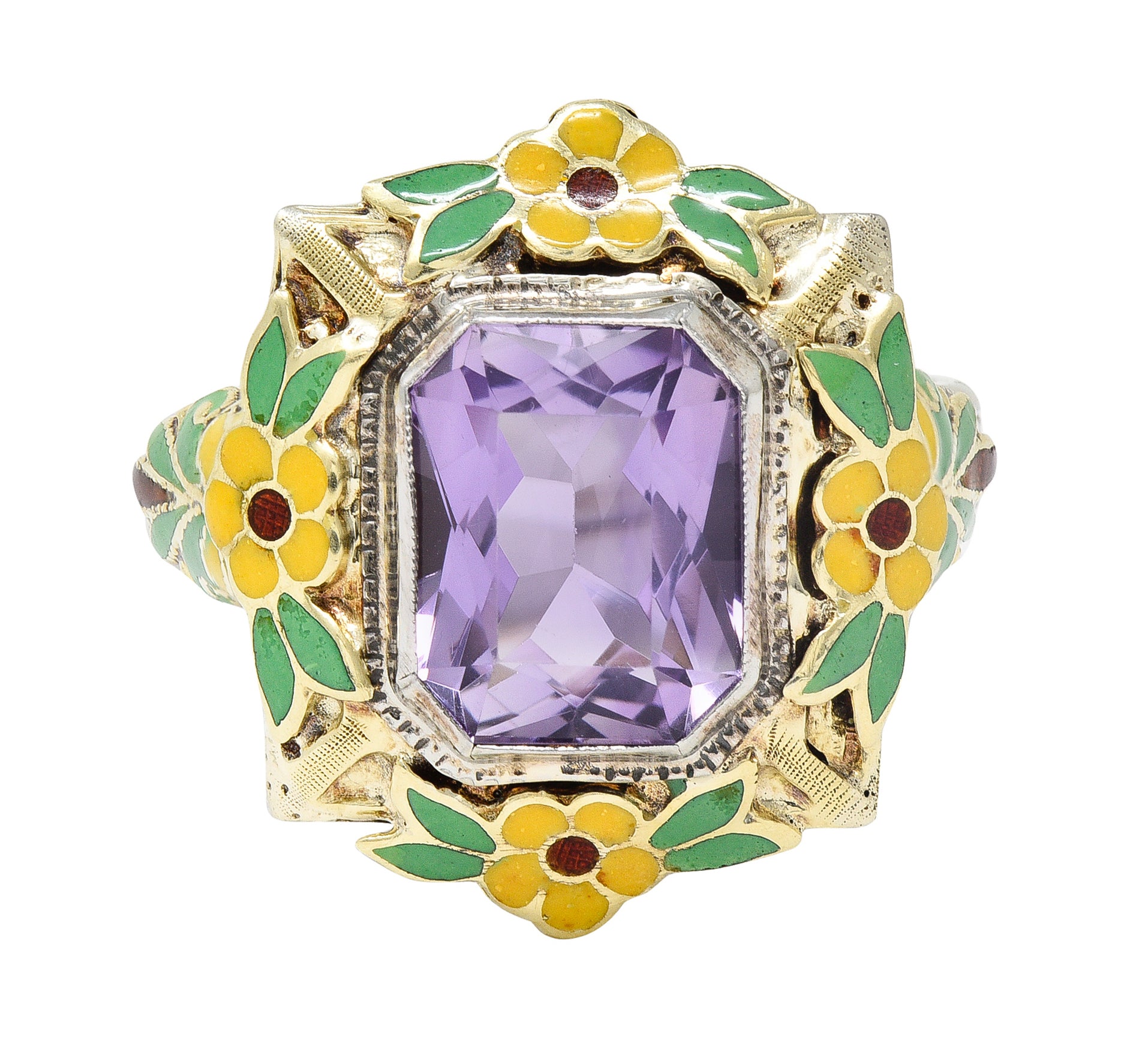 Art Deco Amethyst Enamel 14 Karat Two-Tone Gold Orange Blossom Vintage Ring