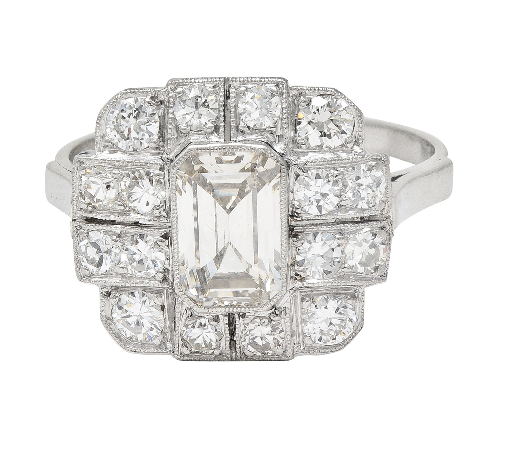 Art Deco 2.10 CTW Emerald Cut Diamond Platinum Vintage Cluster Ring