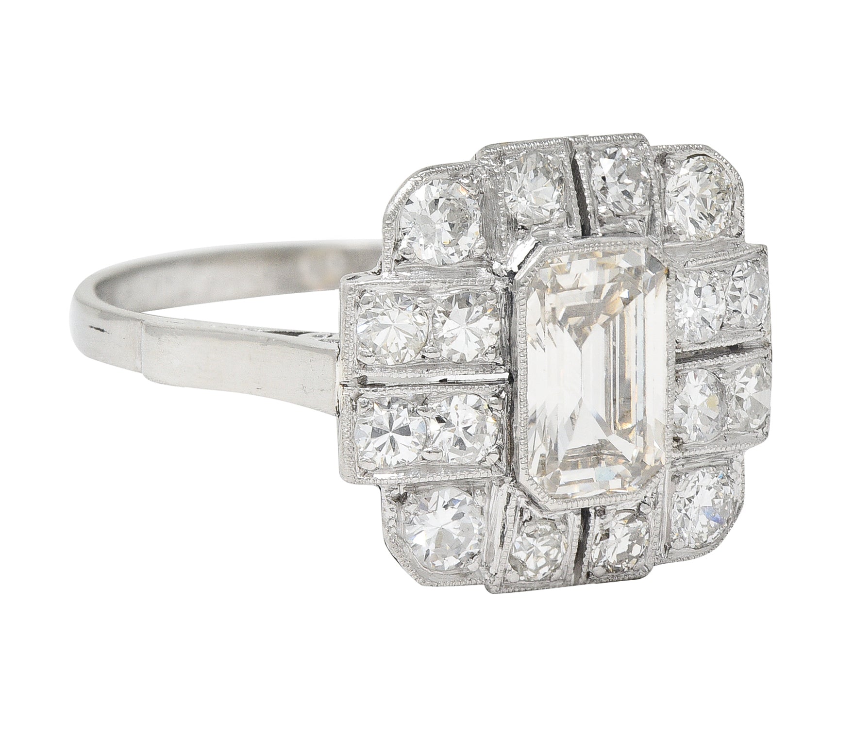 Art Deco 2.10 CTW Emerald Cut Diamond Platinum Vintage Cluster Ring