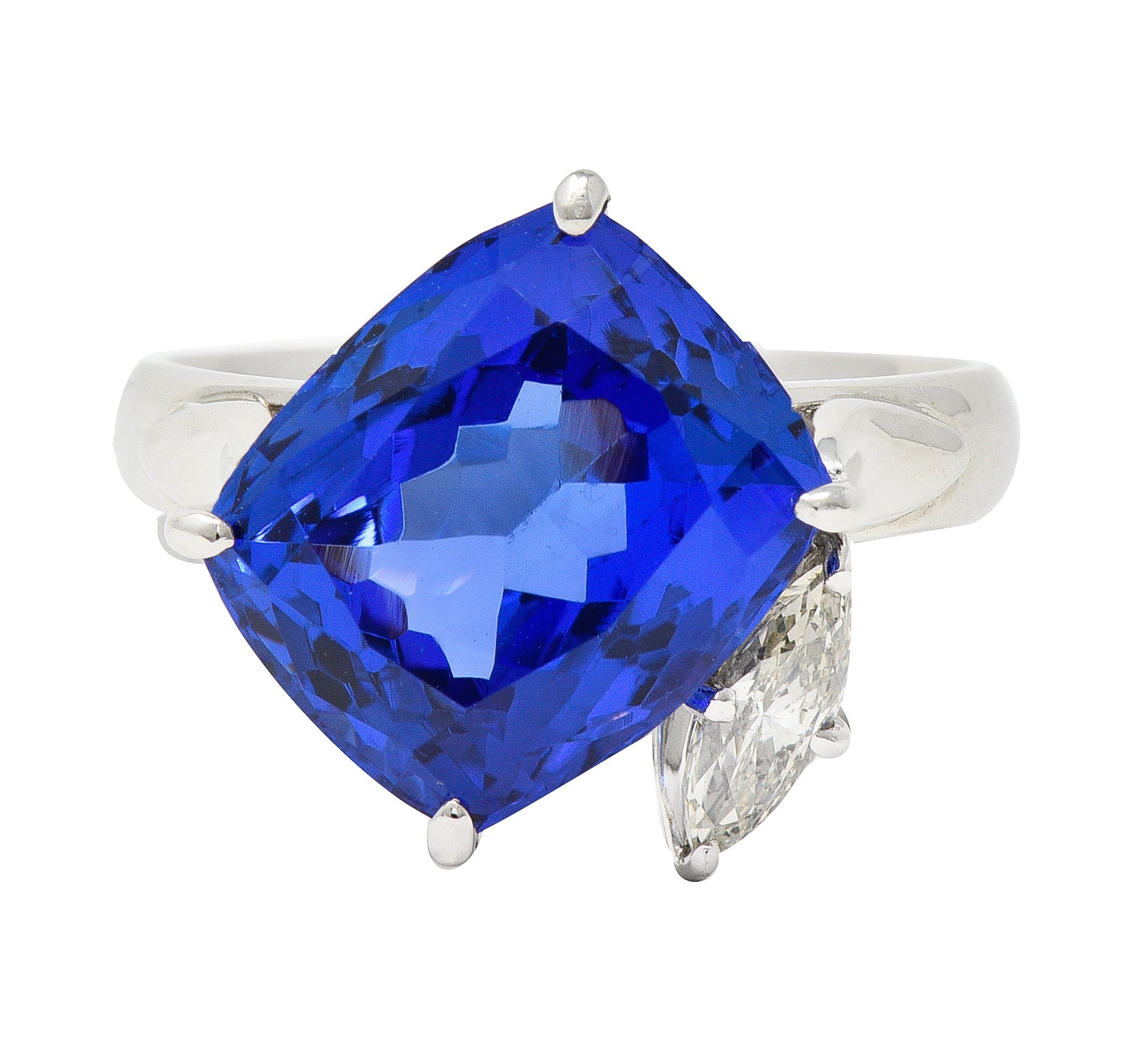 Contemporary 6.74 CTW Cushion Cut Tanzanite Marquise Cut Diamond Platinum Juxtaposed Ring Wilson's Estate Jewelry