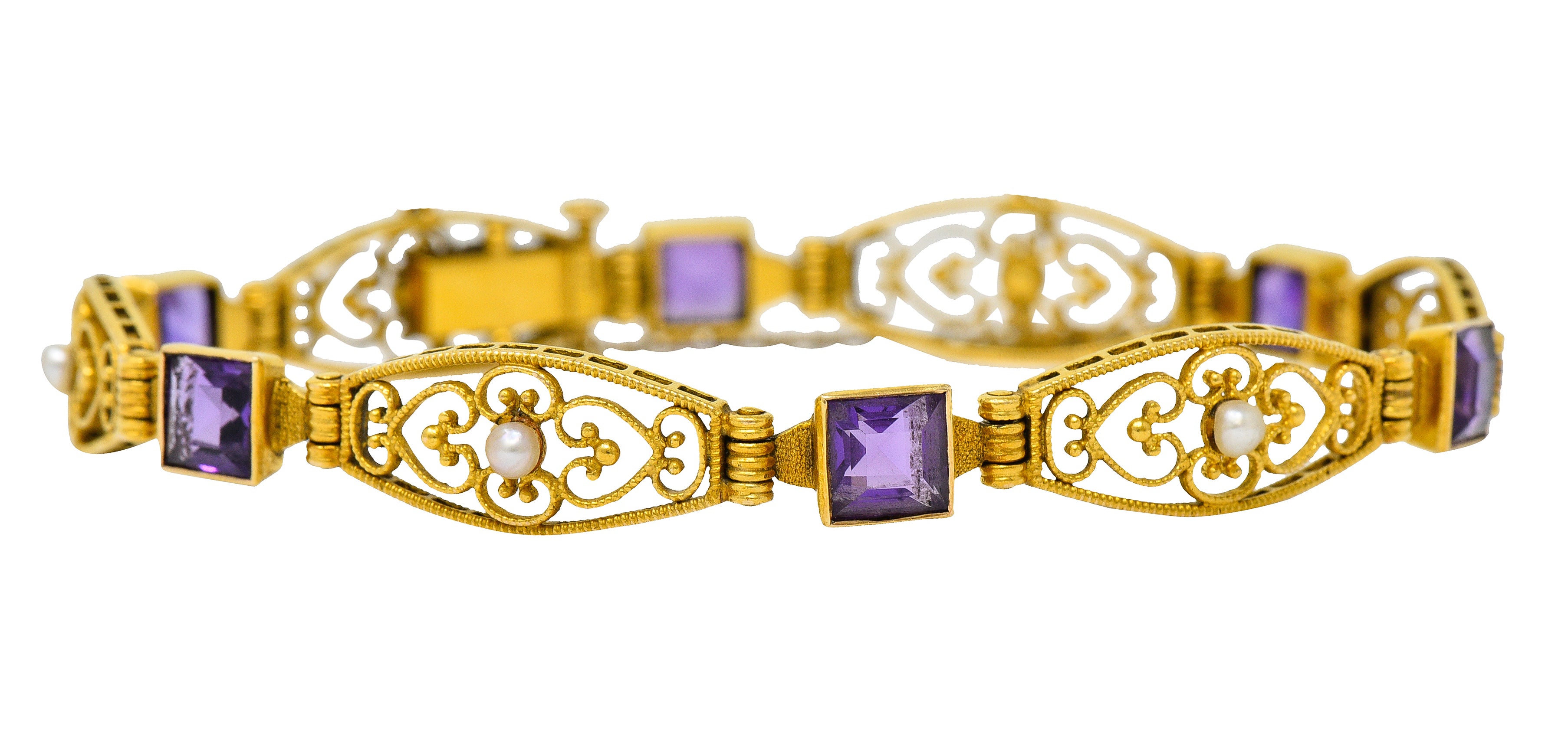 1905 Art Nouveau Amethyst Pearl 14 Karat Gold Link Braceletbracelet - Wilson's Estate Jewelry