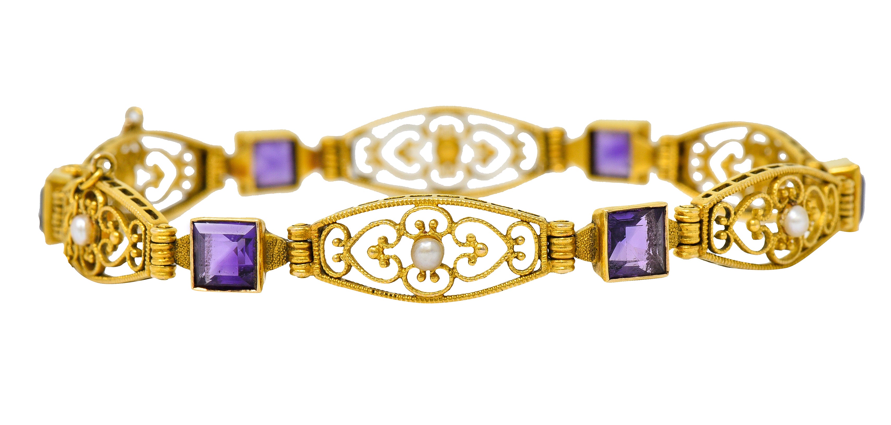 1905 Art Nouveau Amethyst Pearl 14 Karat Gold Link Braceletbracelet - Wilson's Estate Jewelry