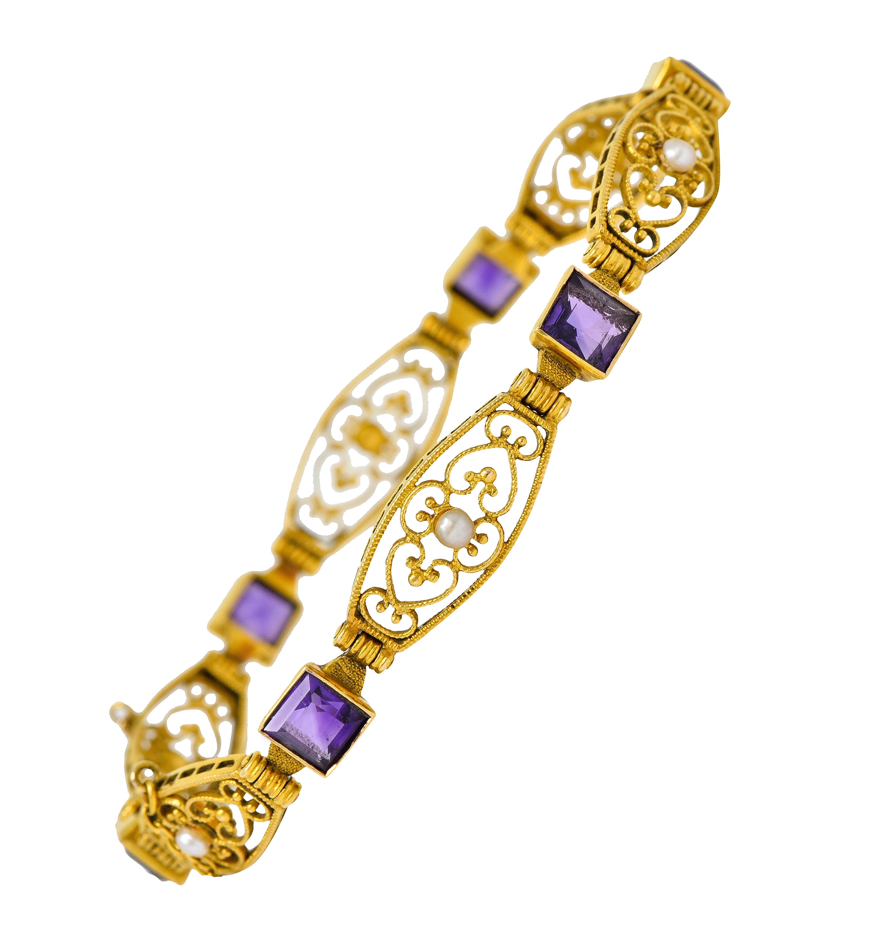 1905 Art Nouveau Amethyst Pearl 14 Karat Gold Link Braceletbracelet - Wilson's Estate Jewelry