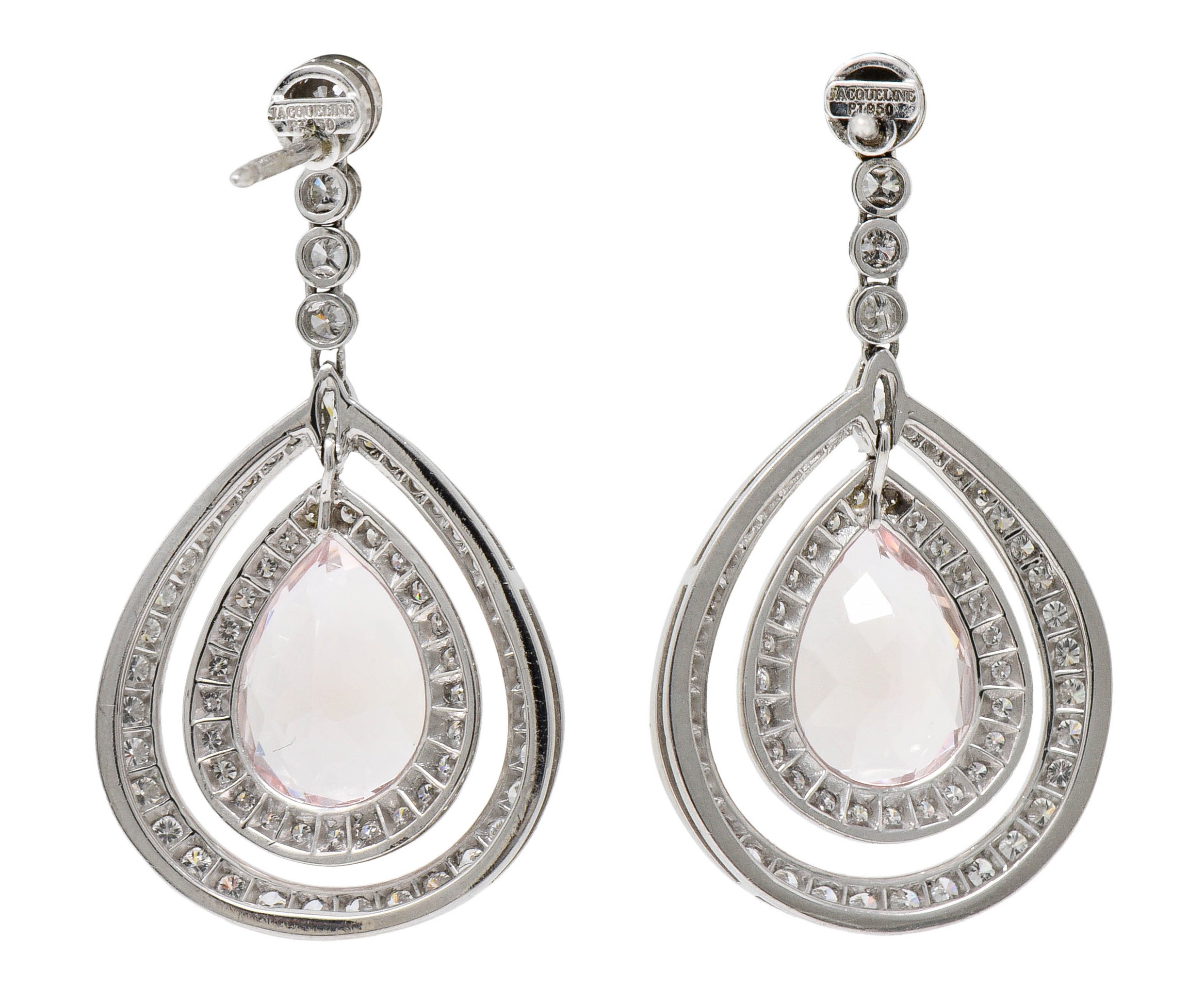 Modern Morganite Diamond Platinum Drop EarringsEarrings - Wilson's Estate Jewelry