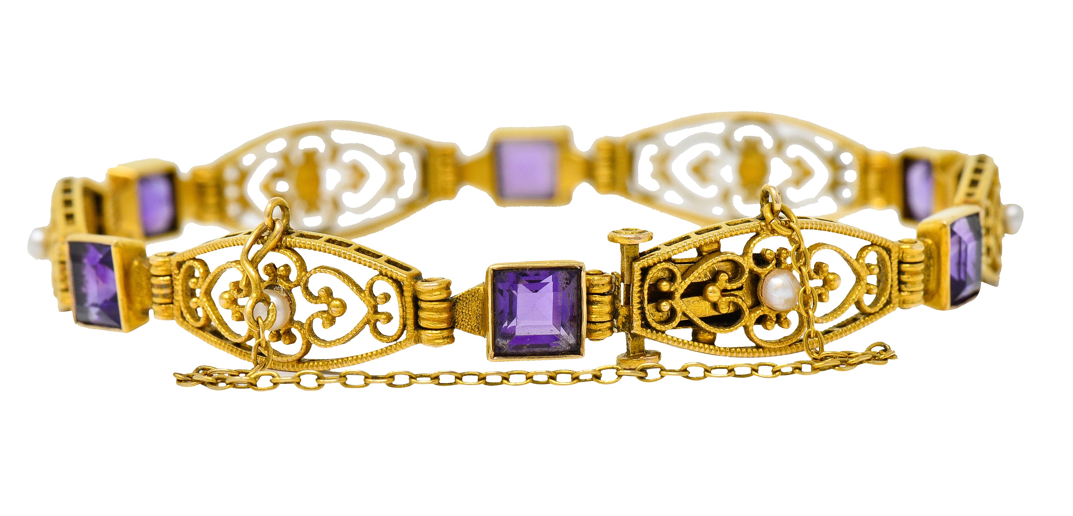 1905 Art Nouveau Amethyst Pearl 14 Karat Gold Link Braceletbracelet - Wilson's Estate Jewelry