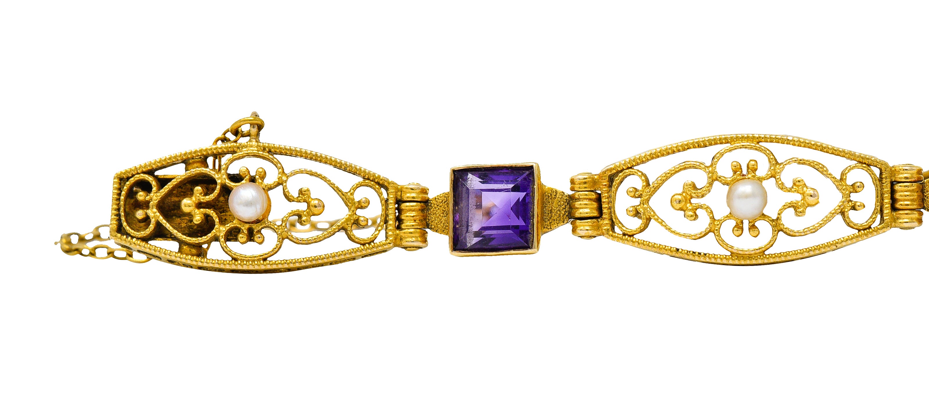 1905 Art Nouveau Amethyst Pearl 14 Karat Gold Link Braceletbracelet - Wilson's Estate Jewelry