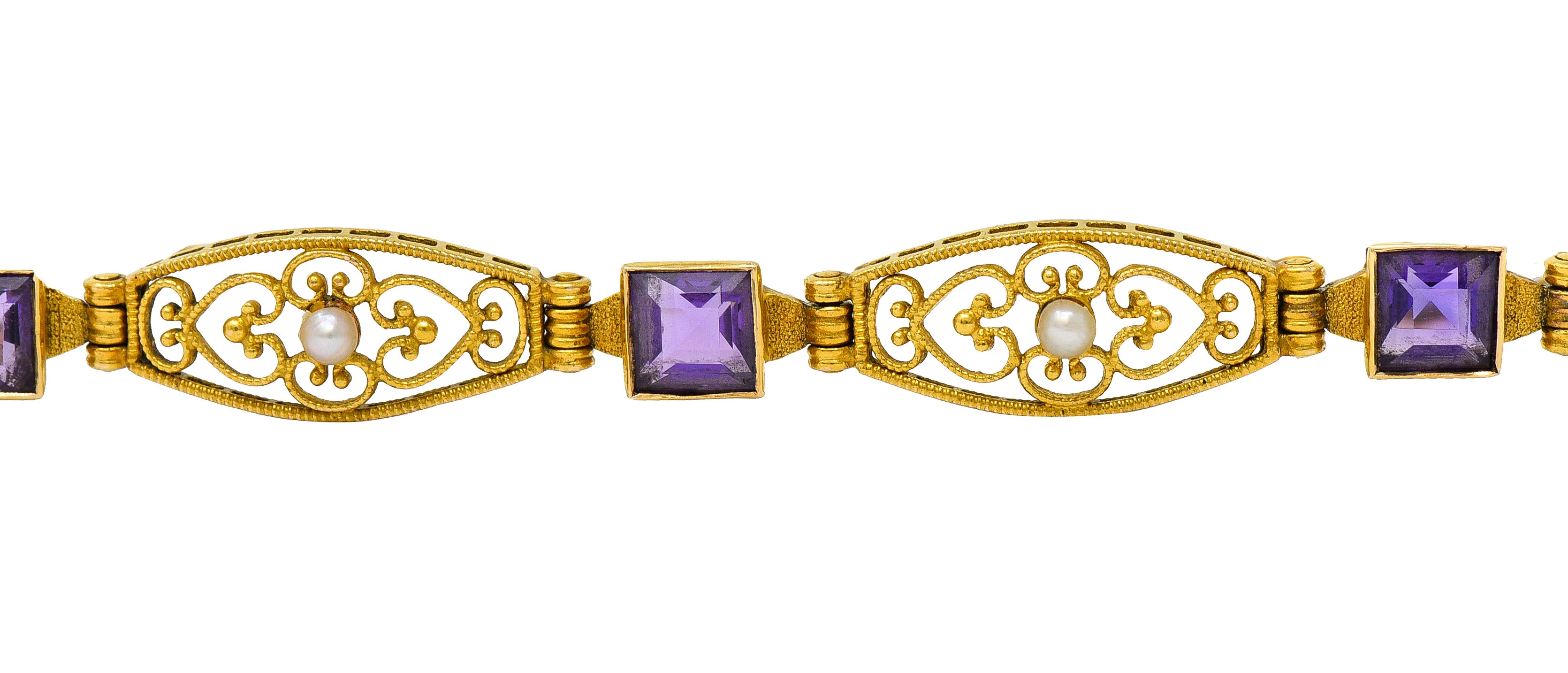 1905 Art Nouveau Amethyst Pearl 14 Karat Gold Link Braceletbracelet - Wilson's Estate Jewelry