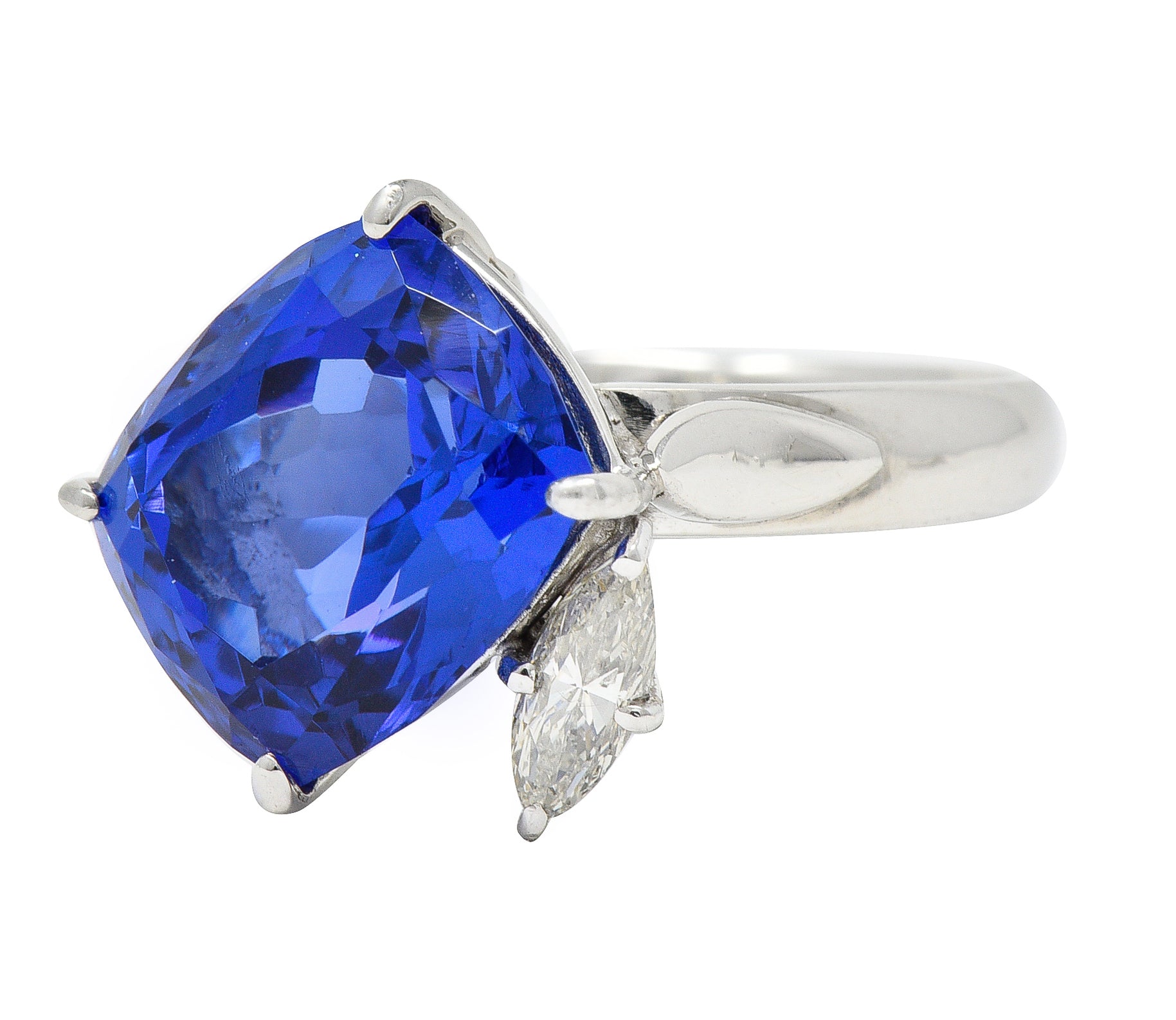 Contemporary 6.74 CTW Cushion Cut Tanzanite Marquise Cut Diamond Platinum Juxtaposed Ring Wilson's Estate Jewelry