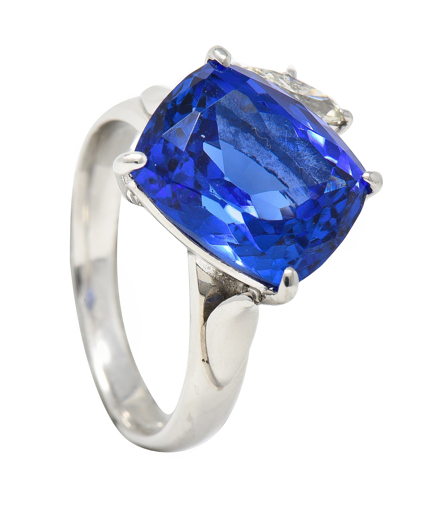 Contemporary 6.74 CTW Cushion Cut Tanzanite Marquise Cut Diamond Platinum Juxtaposed Ring Wilson's Estate Jewelry