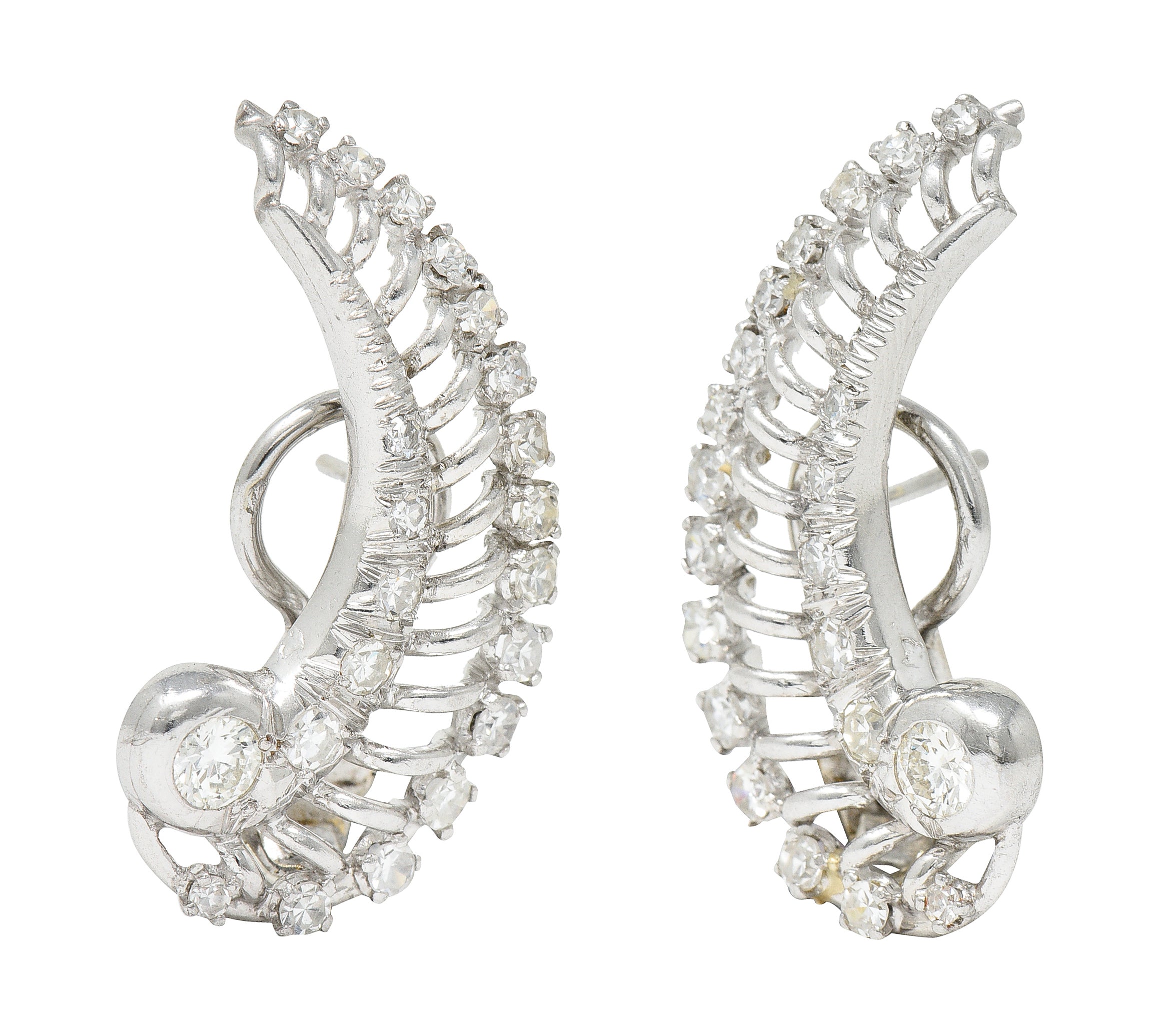 French Mid-Century 1.50 CTW Diamond Platinum Ear-Crawler Earrings Wilson's Estate Jewelry