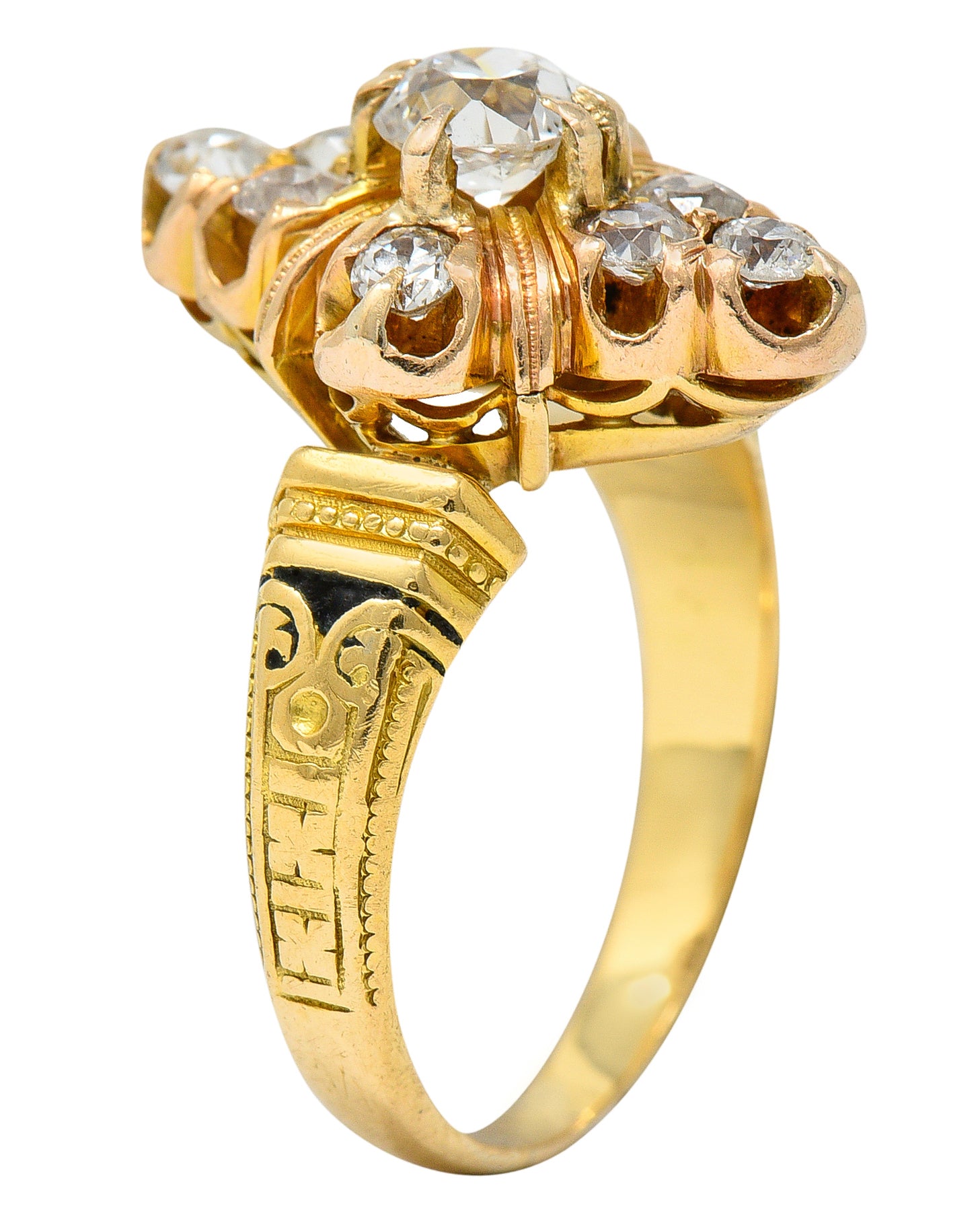 Art Deco 1.00 CTW Diamond Enamel 18 Karat Gold Navette Cluster RingRing - Wilson's Estate Jewelry