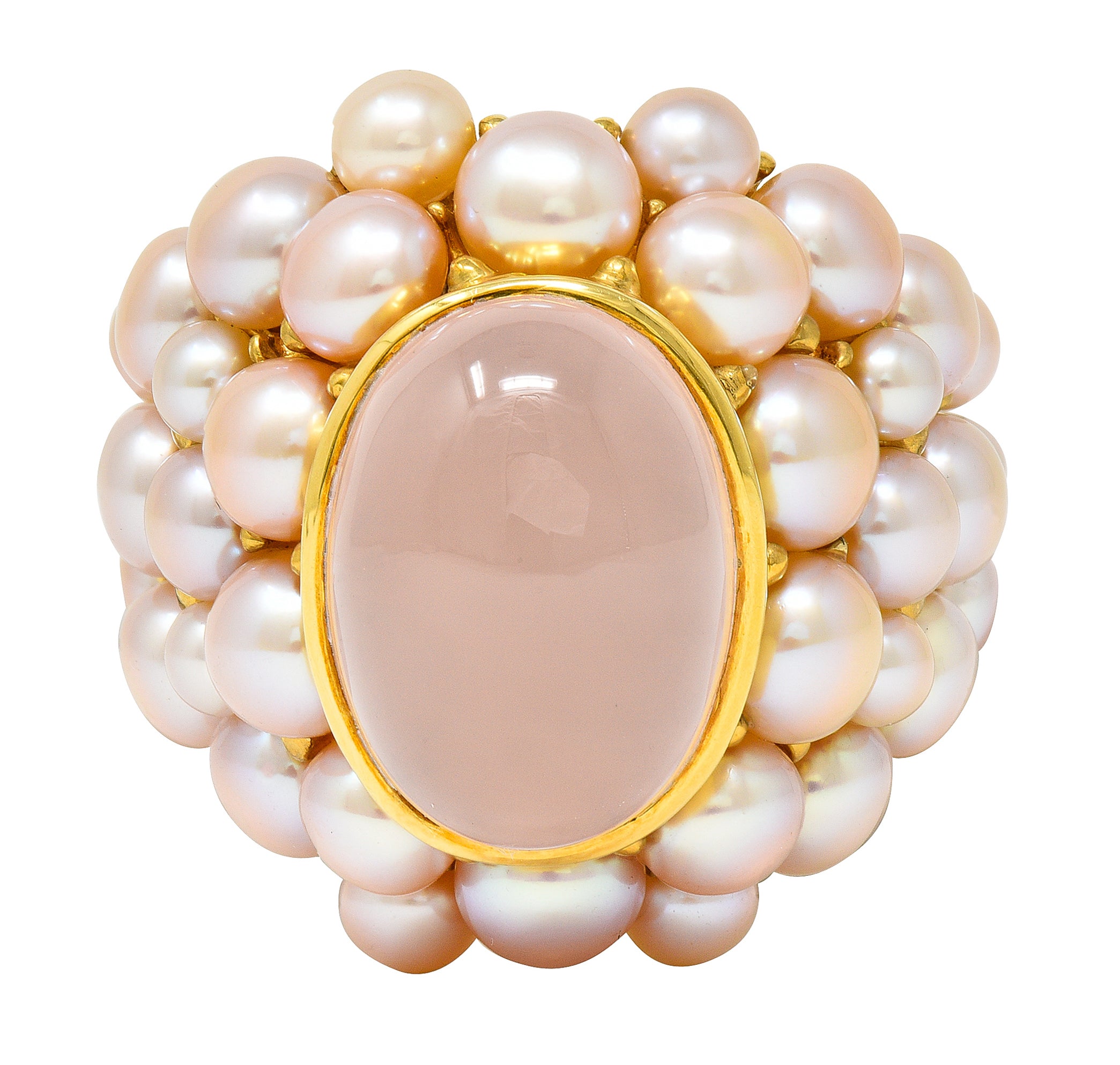 Mimi Milano Rose Quartz Pink Pearl 18 Karat Yellow Gold Cocktail Ring Wilson's Estate Jewelry