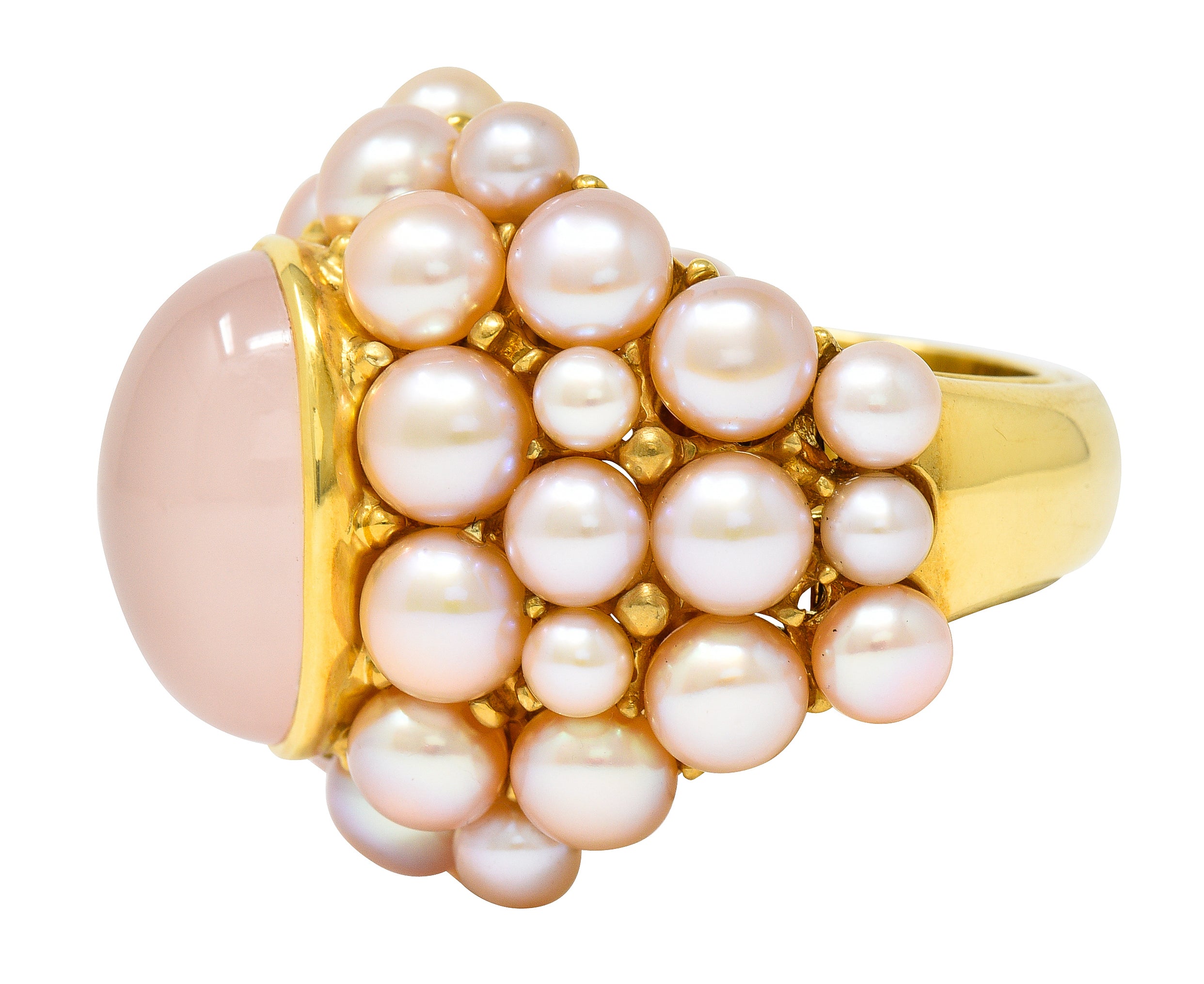 Mimi Milano Rose Quartz Pink Pearl 18 Karat Yellow Gold Cocktail Ring Wilson's Estate Jewelry