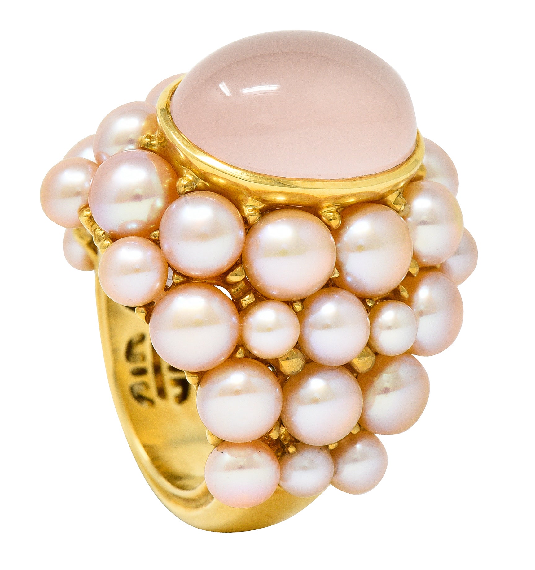 Mimi Milano Rose Quartz Pink Pearl 18 Karat Yellow Gold Cocktail Ring Wilson's Estate Jewelry