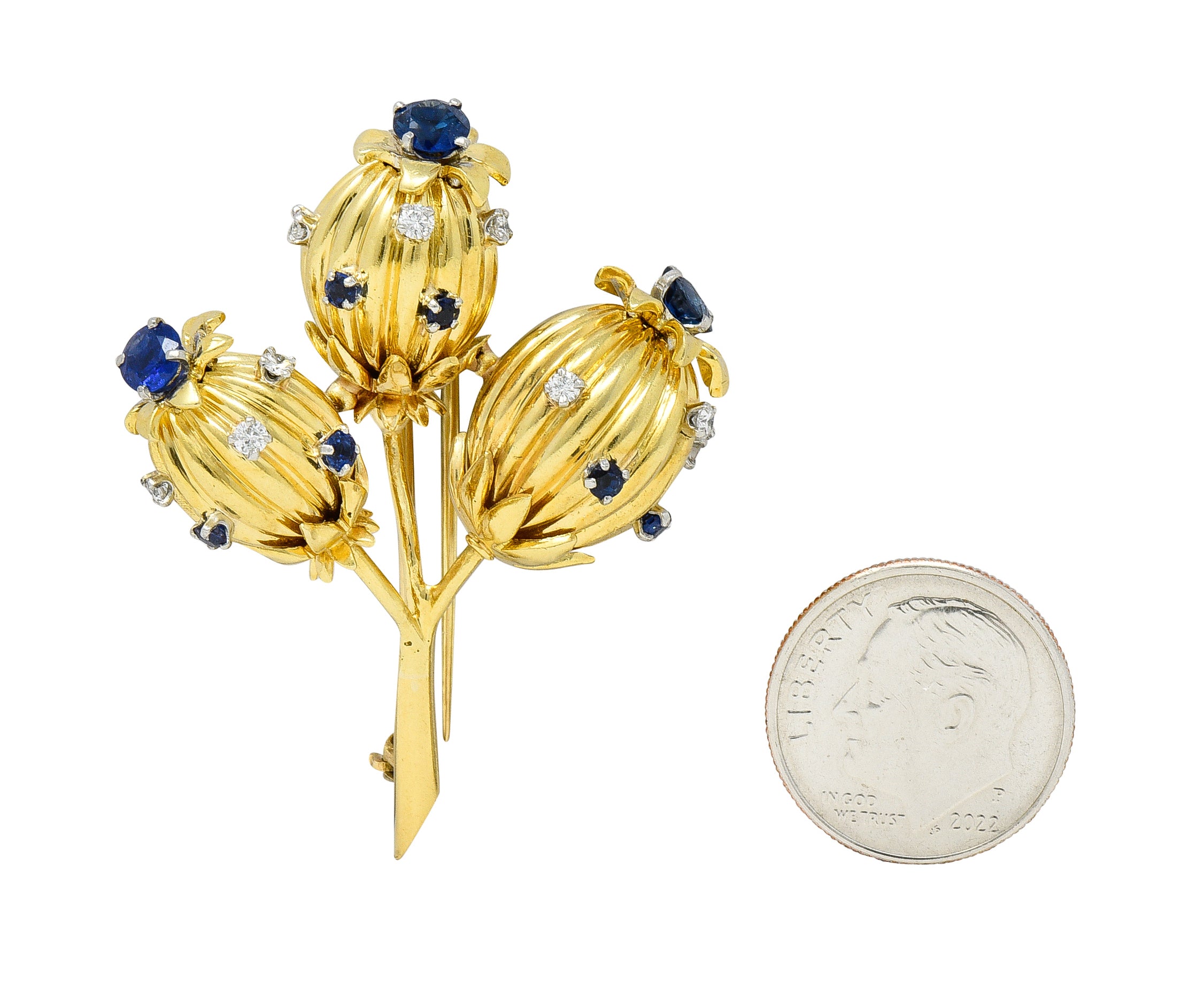 Schlumberger Tiffany & Co. Mid-Century 1.67 CTW Sapphire Diamond 18 Karat Yellow Gold Vintage Thistle Brooch Wilson's Estate Jewelry