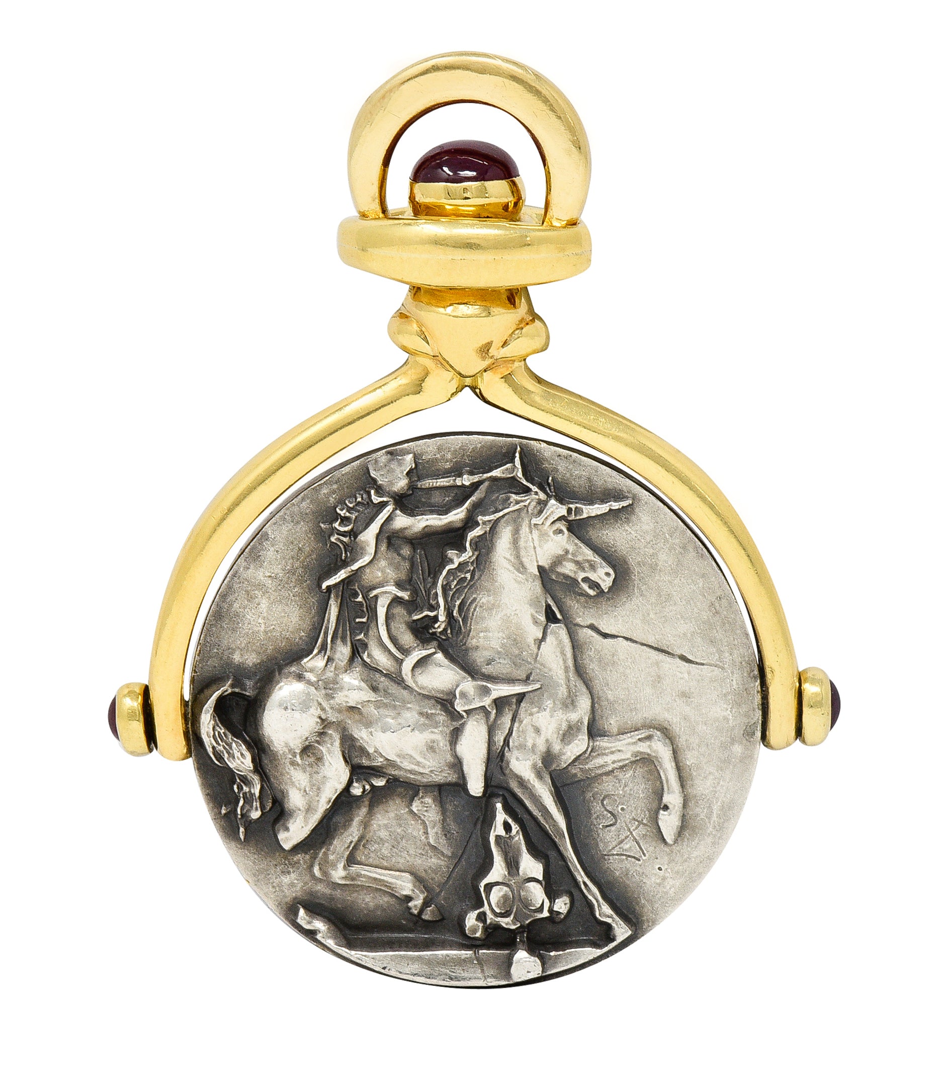 Salvador Dali Ruby 18 Karat Gold Silver Dionysus Athena Flip Coin Pendant