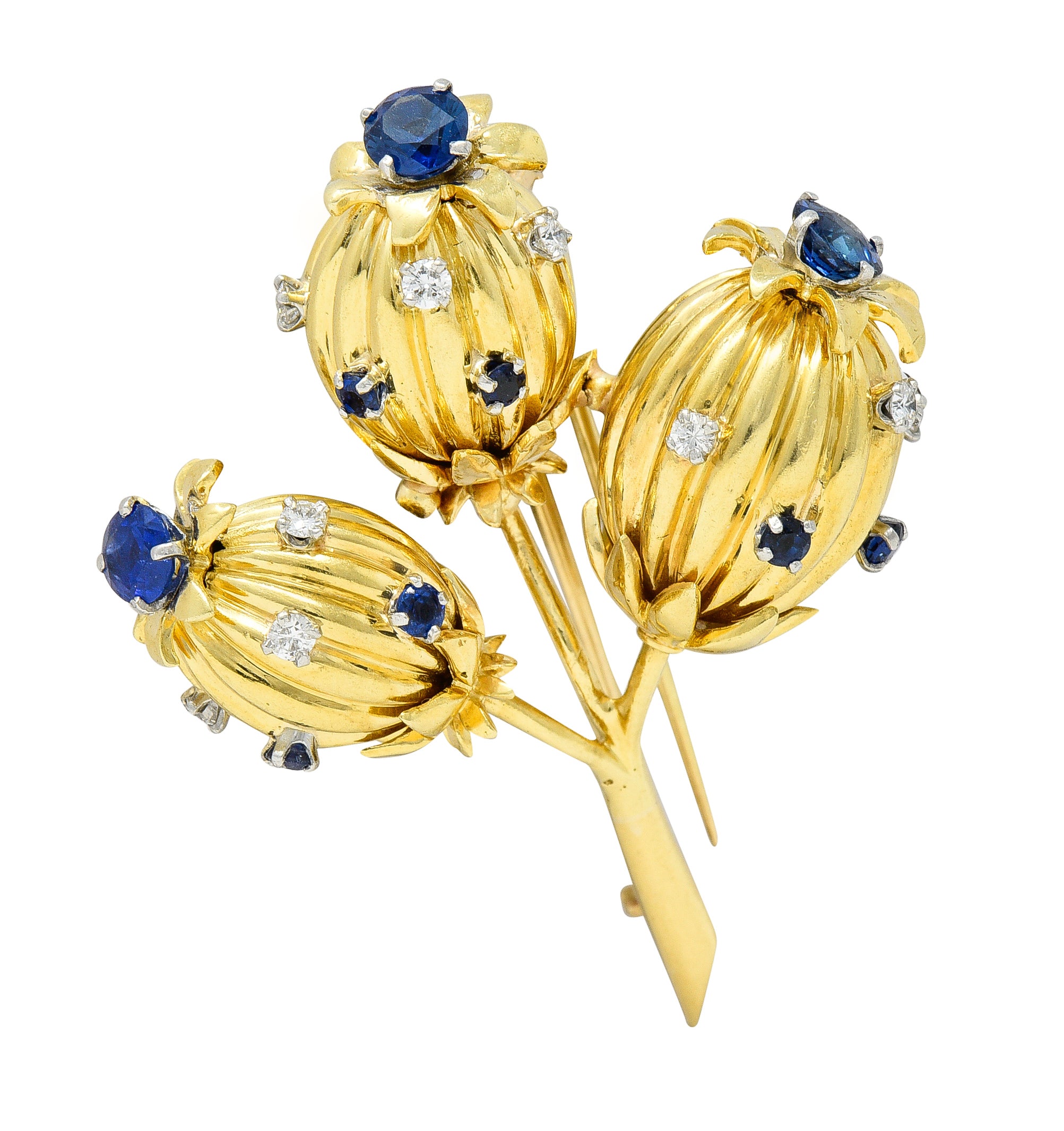 Schlumberger Tiffany & Co. Mid-Century 1.67 CTW Sapphire Diamond 18 Karat Yellow Gold Vintage Thistle Brooch Wilson's Estate Jewelry