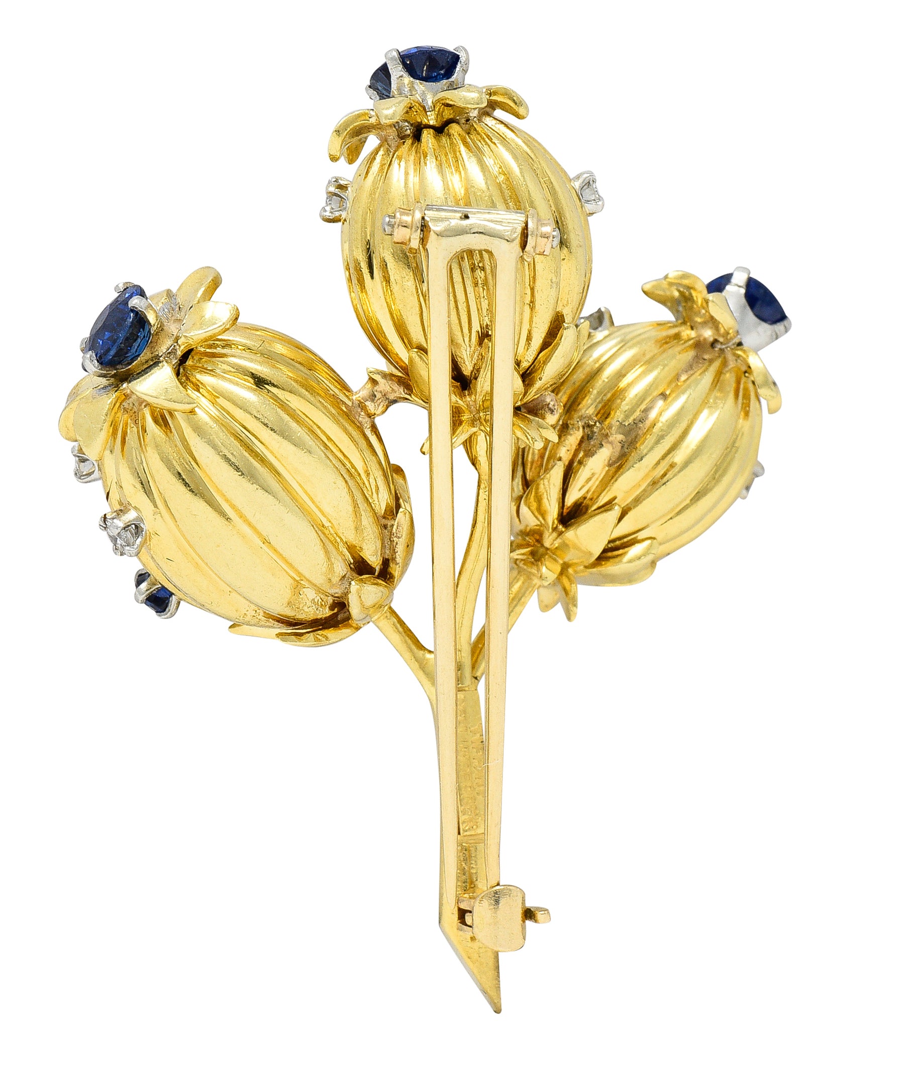 Schlumberger Tiffany & Co. Mid-Century 1.67 CTW Sapphire Diamond 18 Karat Yellow Gold Vintage Thistle Brooch Wilson's Estate Jewelry