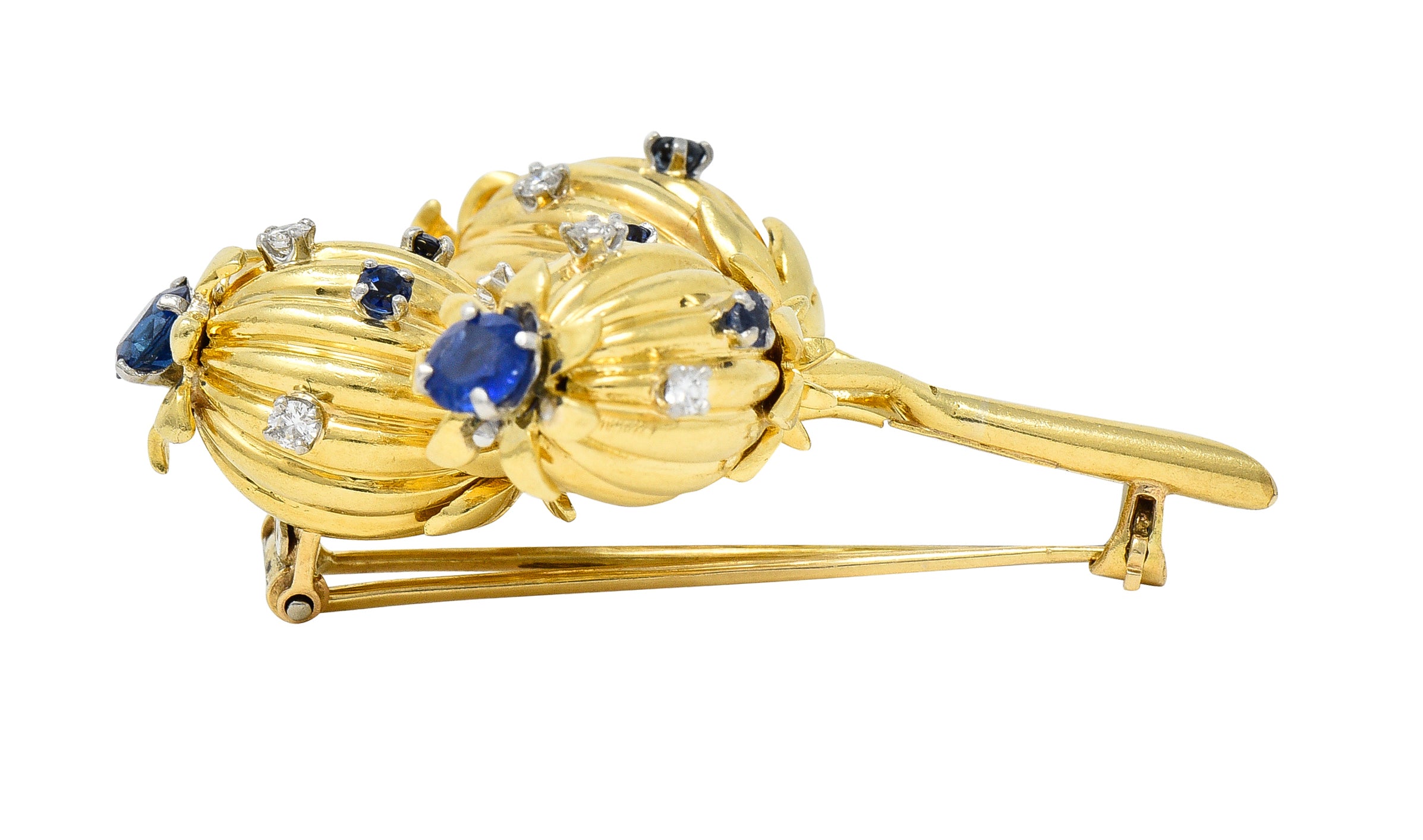 Schlumberger Tiffany & Co. Mid-Century 1.67 CTW Sapphire Diamond 18 Karat Yellow Gold Vintage Thistle Brooch Wilson's Estate Jewelry