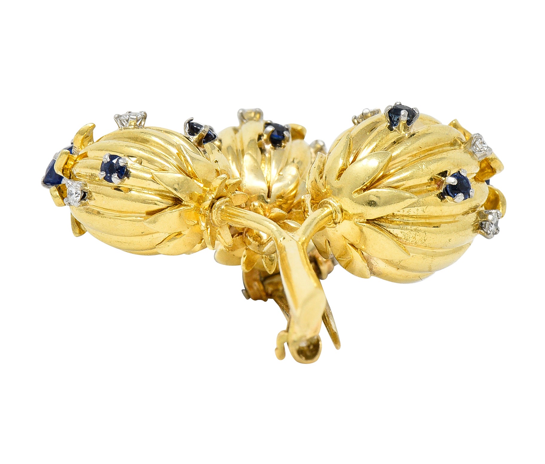 Schlumberger Tiffany & Co. Mid-Century 1.67 CTW Sapphire Diamond 18 Karat Yellow Gold Vintage Thistle Brooch Wilson's Estate Jewelry