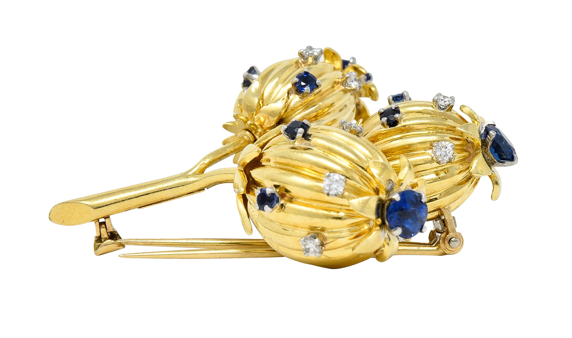 Schlumberger Tiffany & Co. Mid-Century 1.67 CTW Sapphire Diamond 18 Karat Yellow Gold Vintage Thistle Brooch Wilson's Estate Jewelry