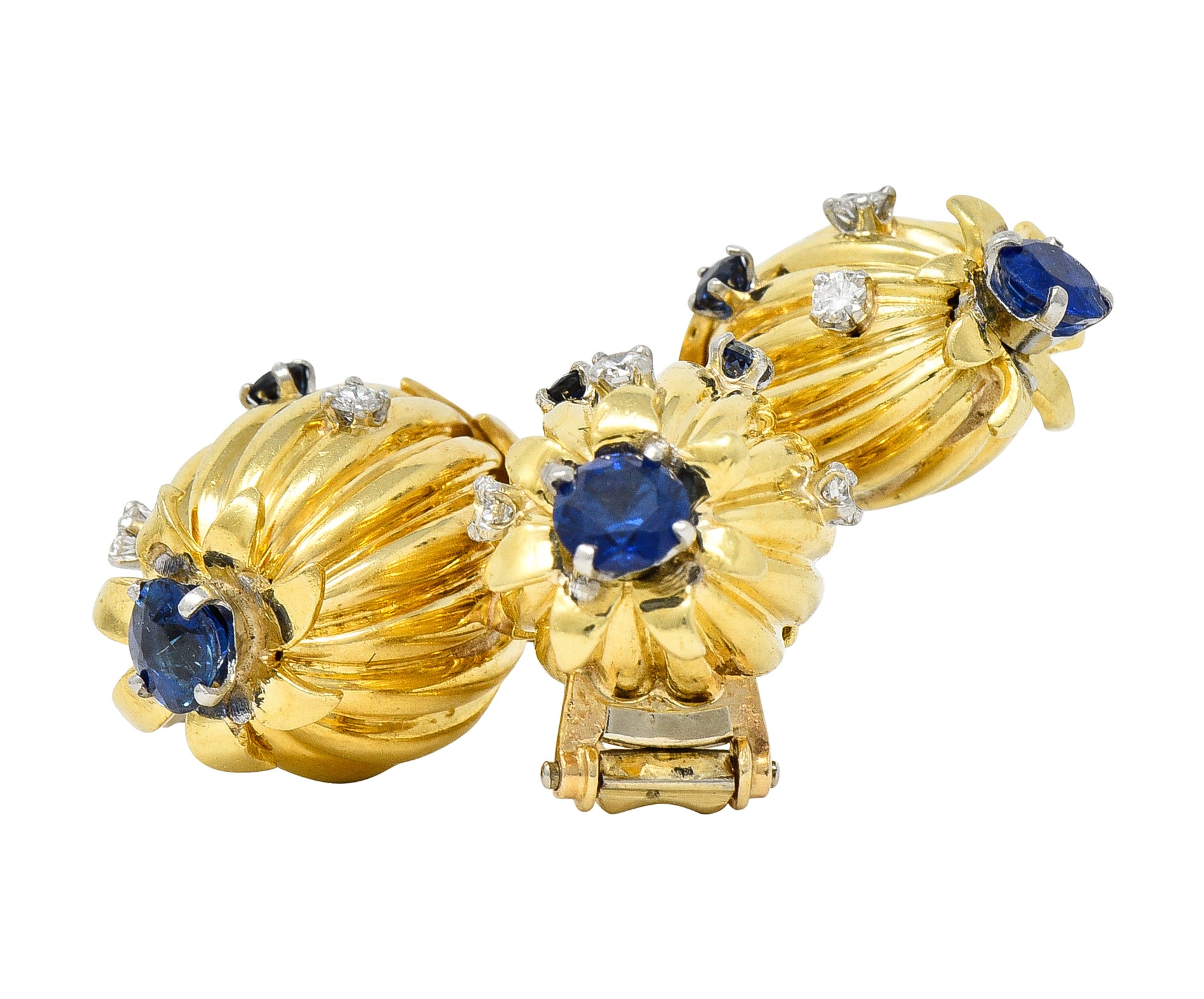 Schlumberger Tiffany & Co. Mid-Century 1.67 CTW Sapphire Diamond 18 Karat Yellow Gold Vintage Thistle Brooch Wilson's Estate Jewelry