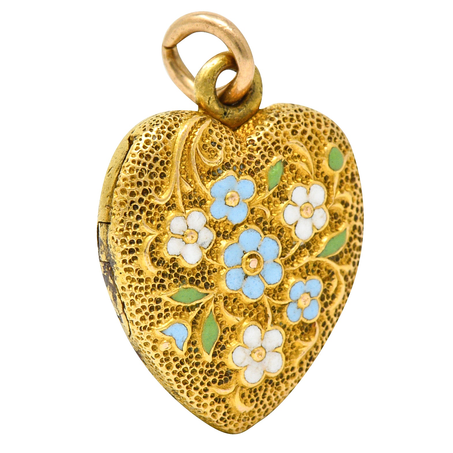 Art Nouveau Enamel 14 Karat Gold Floral Heart Locket Charmcharm - Wilson's Estate Jewelry