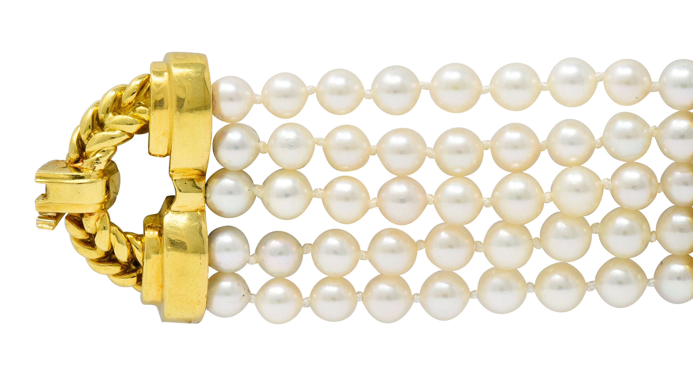 Contemporary Diamond Cultured Pearl 18 Karat Gold Five Strand Braceletbracelet - Wilson's Estate Jewelry