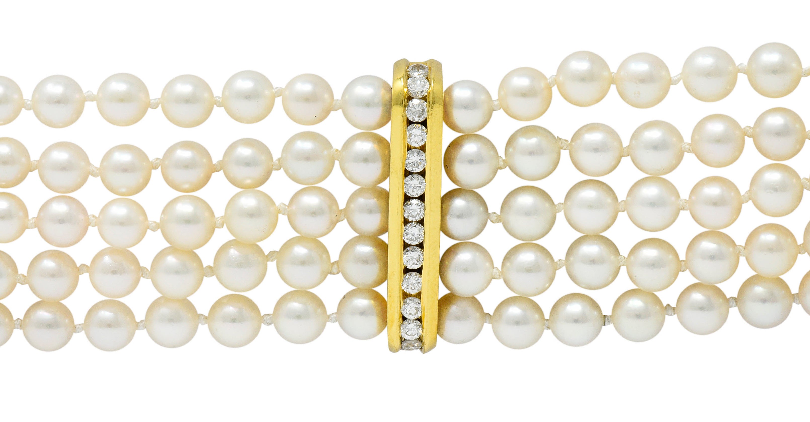 Contemporary Diamond Cultured Pearl 18 Karat Gold Five Strand Braceletbracelet - Wilson's Estate Jewelry