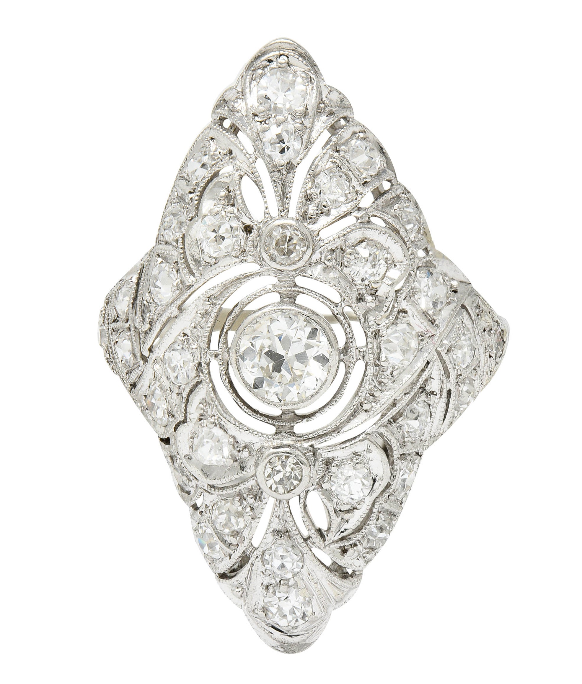 Belle Epoque 1.20 CTW Diamond Platinum-Topped 14 Karat White Gold Ribboned Dinner RingRing - Wilson's Estate Jewelry