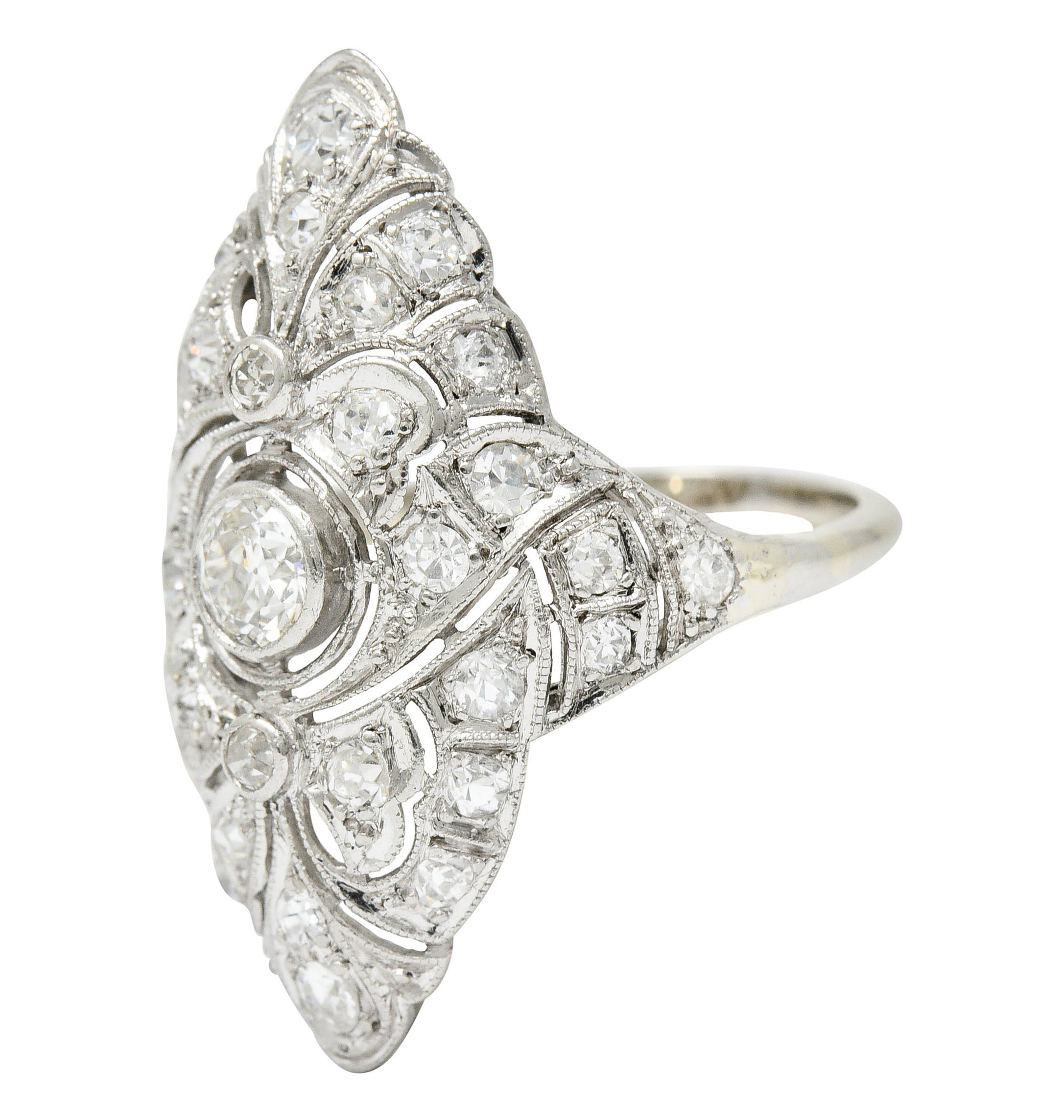 Belle Epoque 1.20 CTW Diamond Platinum-Topped 14 Karat White Gold Ribboned Dinner RingRing - Wilson's Estate Jewelry