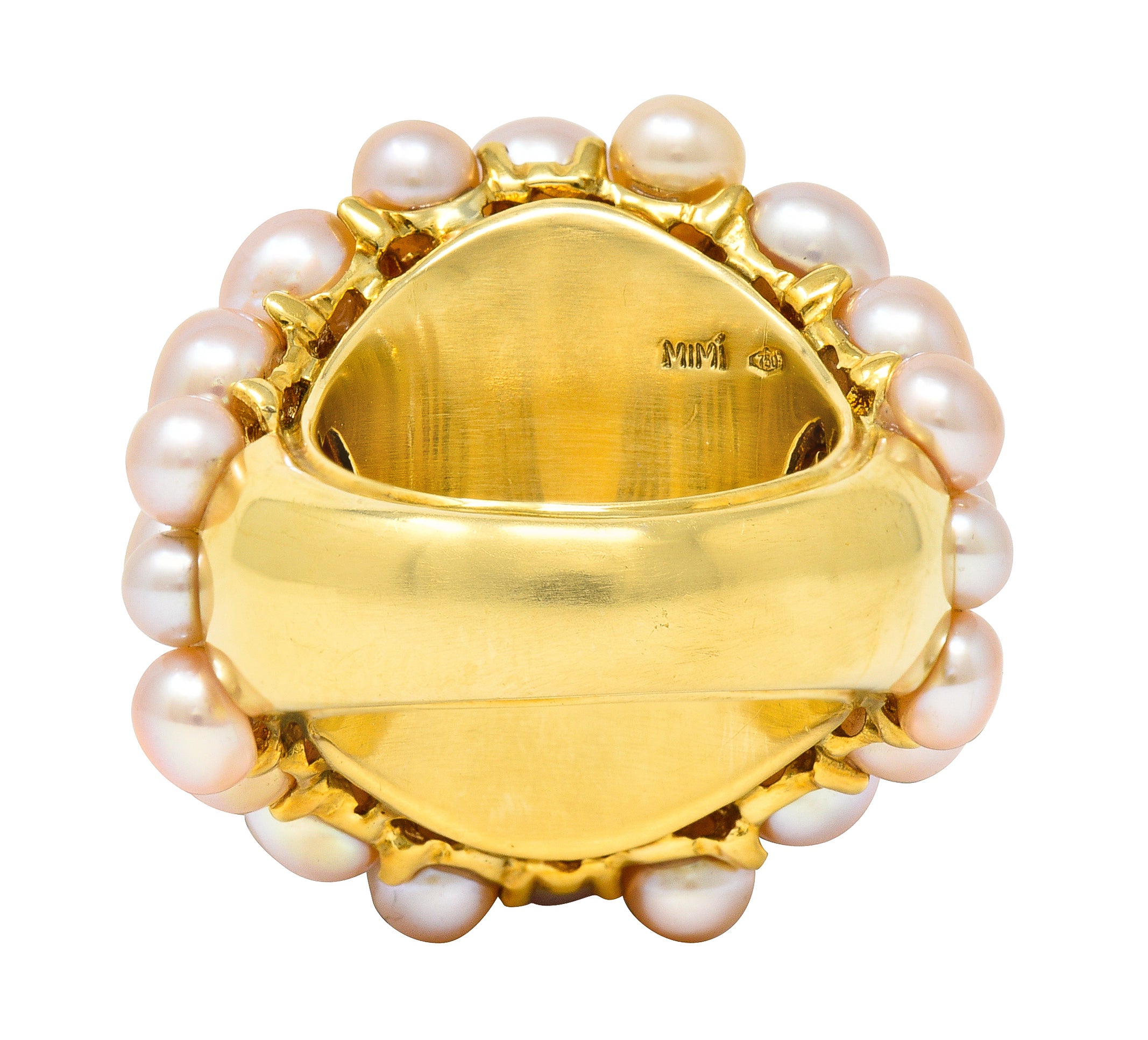 Mimi Milano Rose Quartz Pink Pearl 18 Karat Yellow Gold Cocktail Ring Wilson's Estate Jewelry