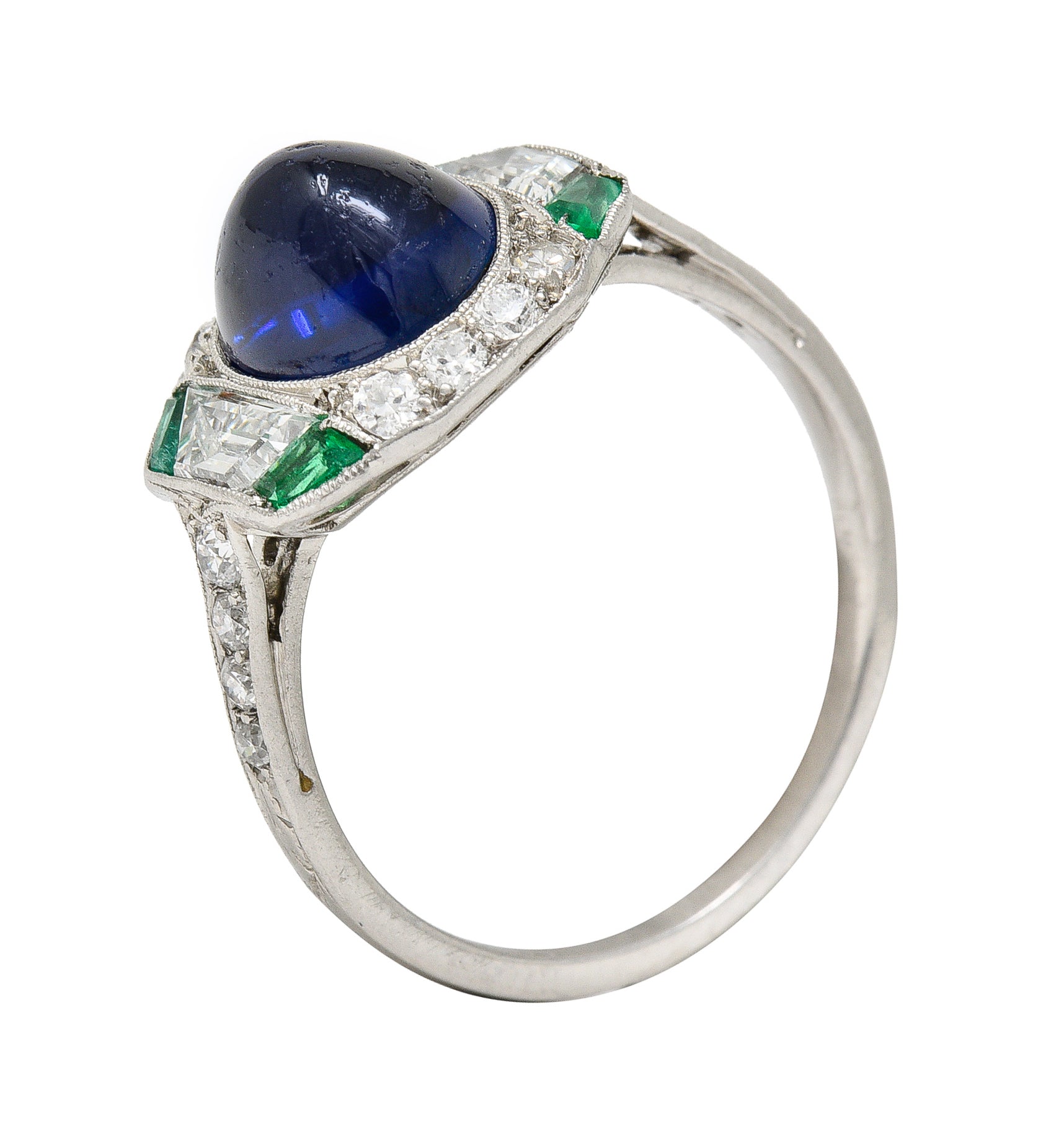 Art Deco 3.60 CTW No Heat Cambodian Sapphire Cabochon Emerald Diamond Geometric Foliate Dinner Ring GIA Wilson's Estate Jewelry