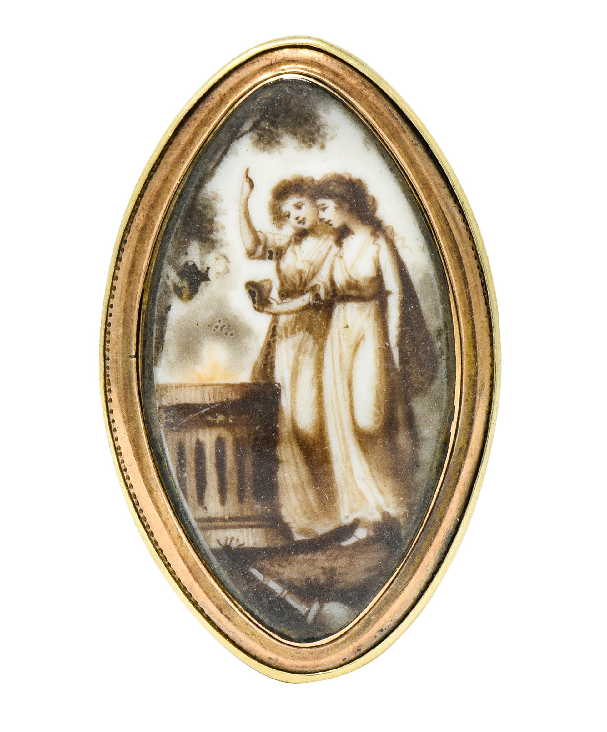 Georgian Sepia Painted 14 Karat Gold Navette Mourning Ring Circa 1800s - Wilson's Estate Jewelry