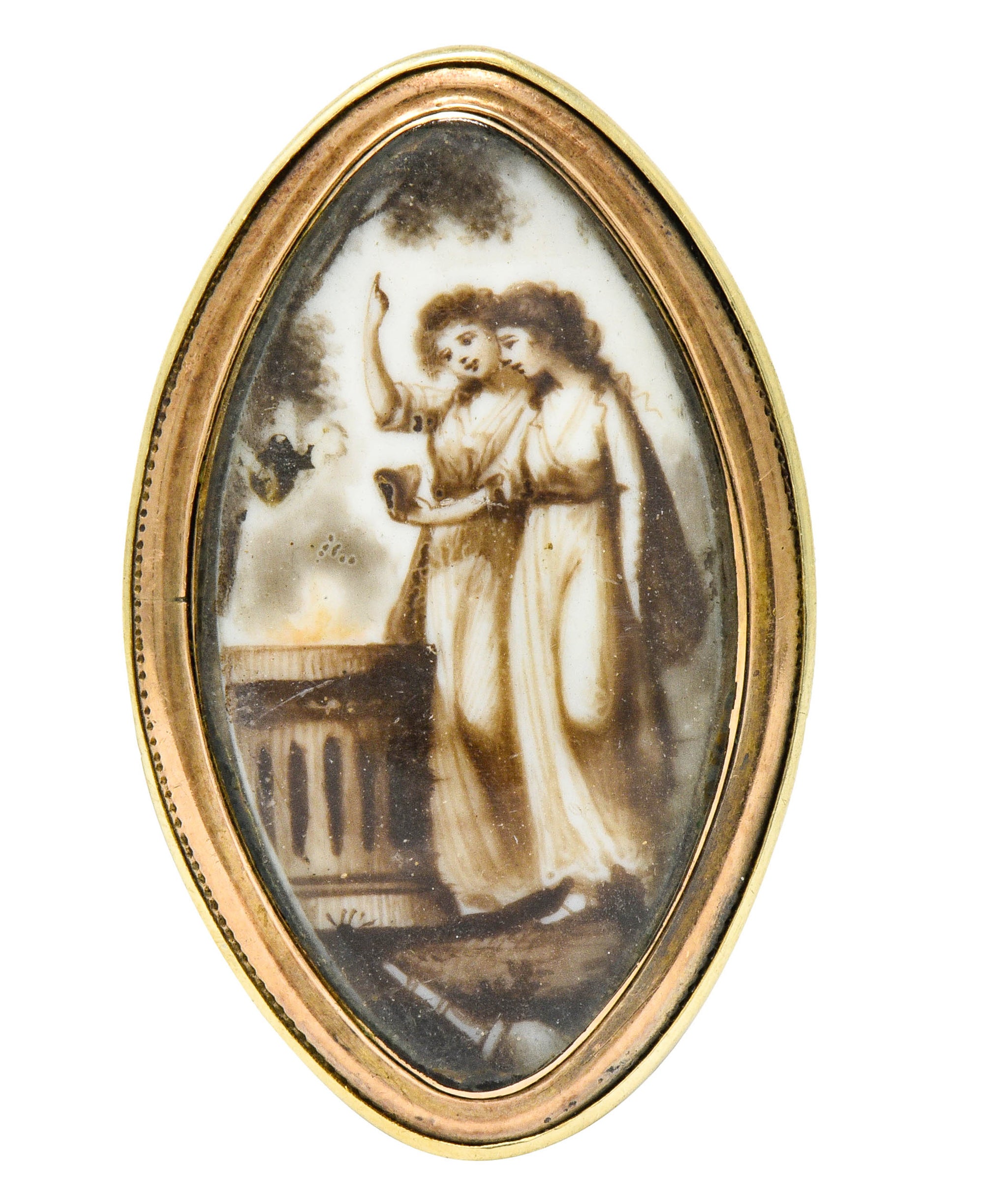 Georgian Sepia Painted 14 Karat Gold Navette Mourning Ring Circa 1800s - Wilson's Estate Jewelry