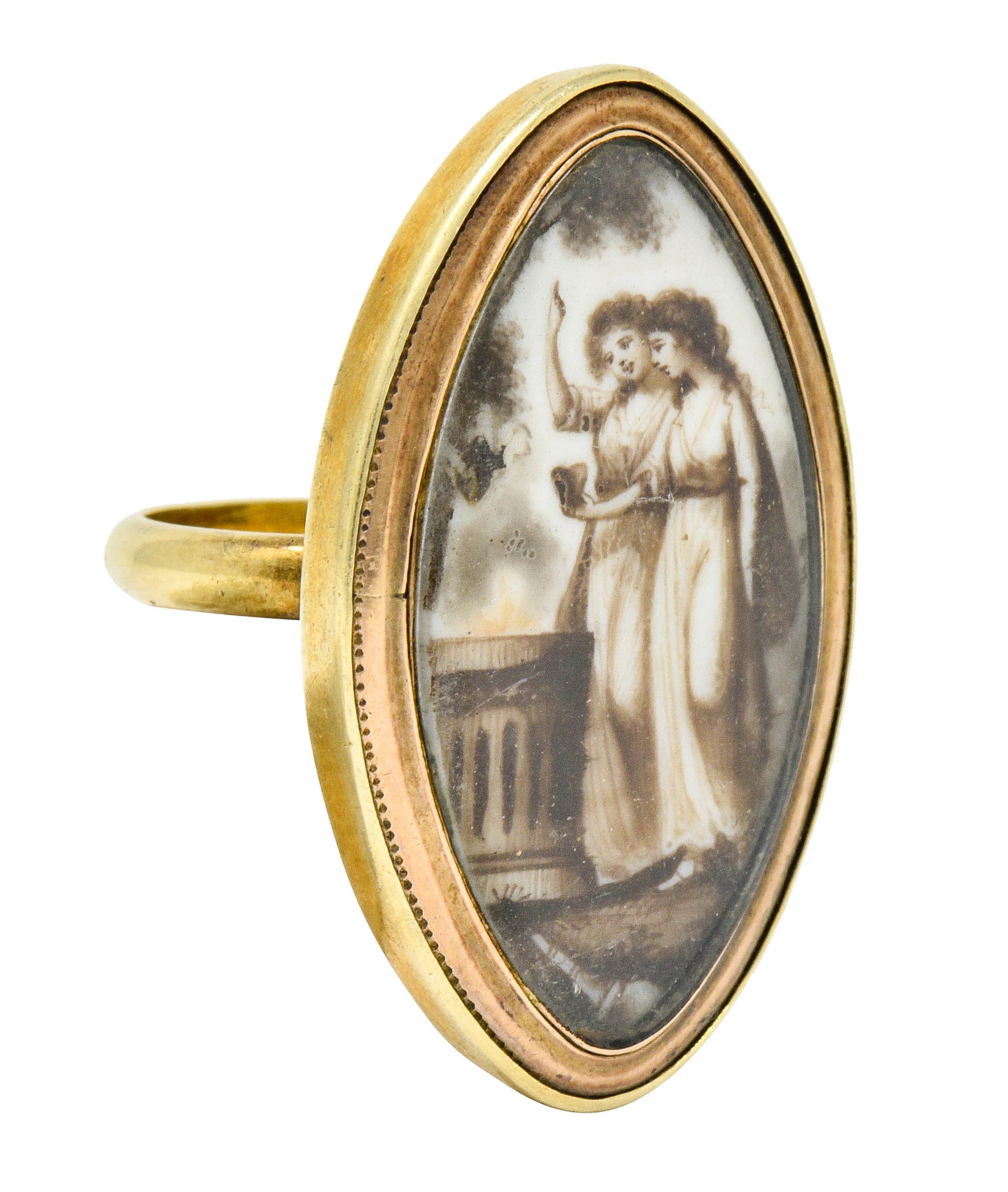 Georgian Sepia Painted 14 Karat Gold Navette Mourning Ring Circa 1800s - Wilson's Estate Jewelry