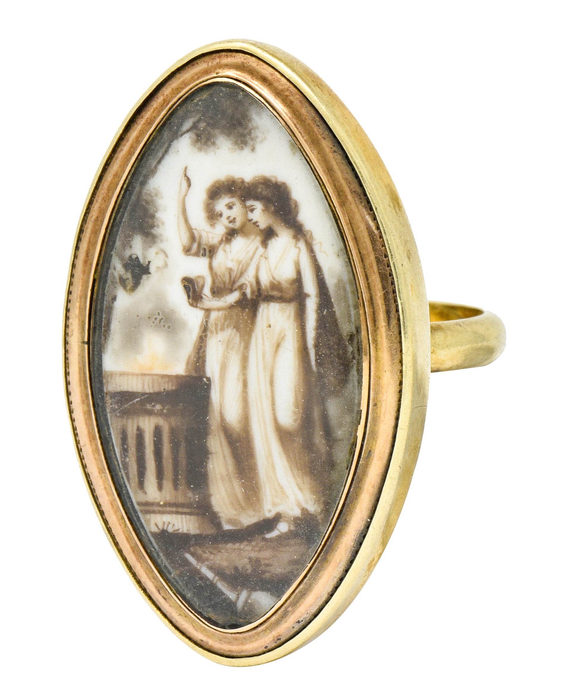 Georgian Sepia Painted 14 Karat Gold Navette Mourning Ring Circa 1800s - Wilson's Estate Jewelry