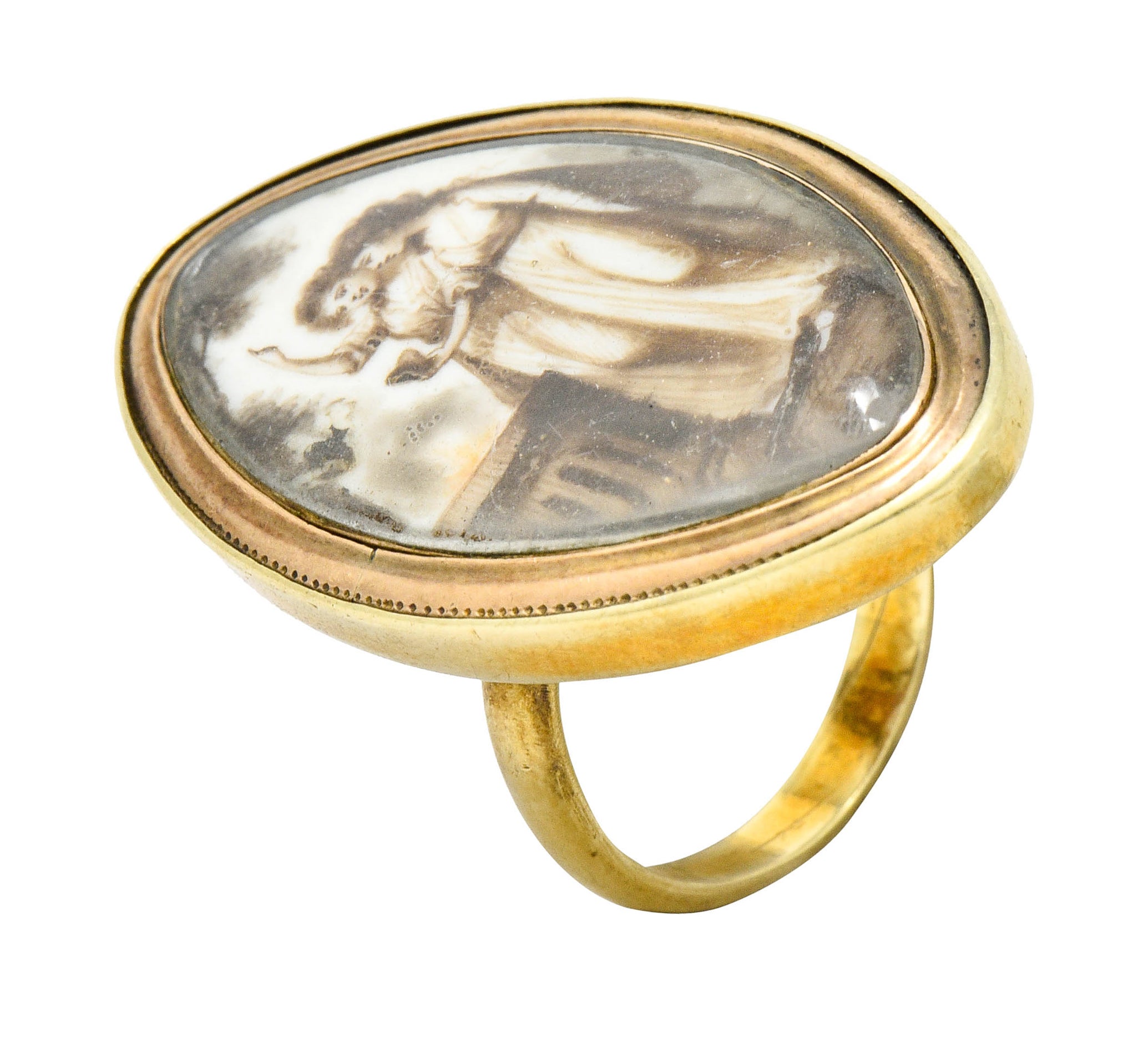 Georgian Sepia Painted 14 Karat Gold Navette Mourning Ring Circa 1800s - Wilson's Estate Jewelry