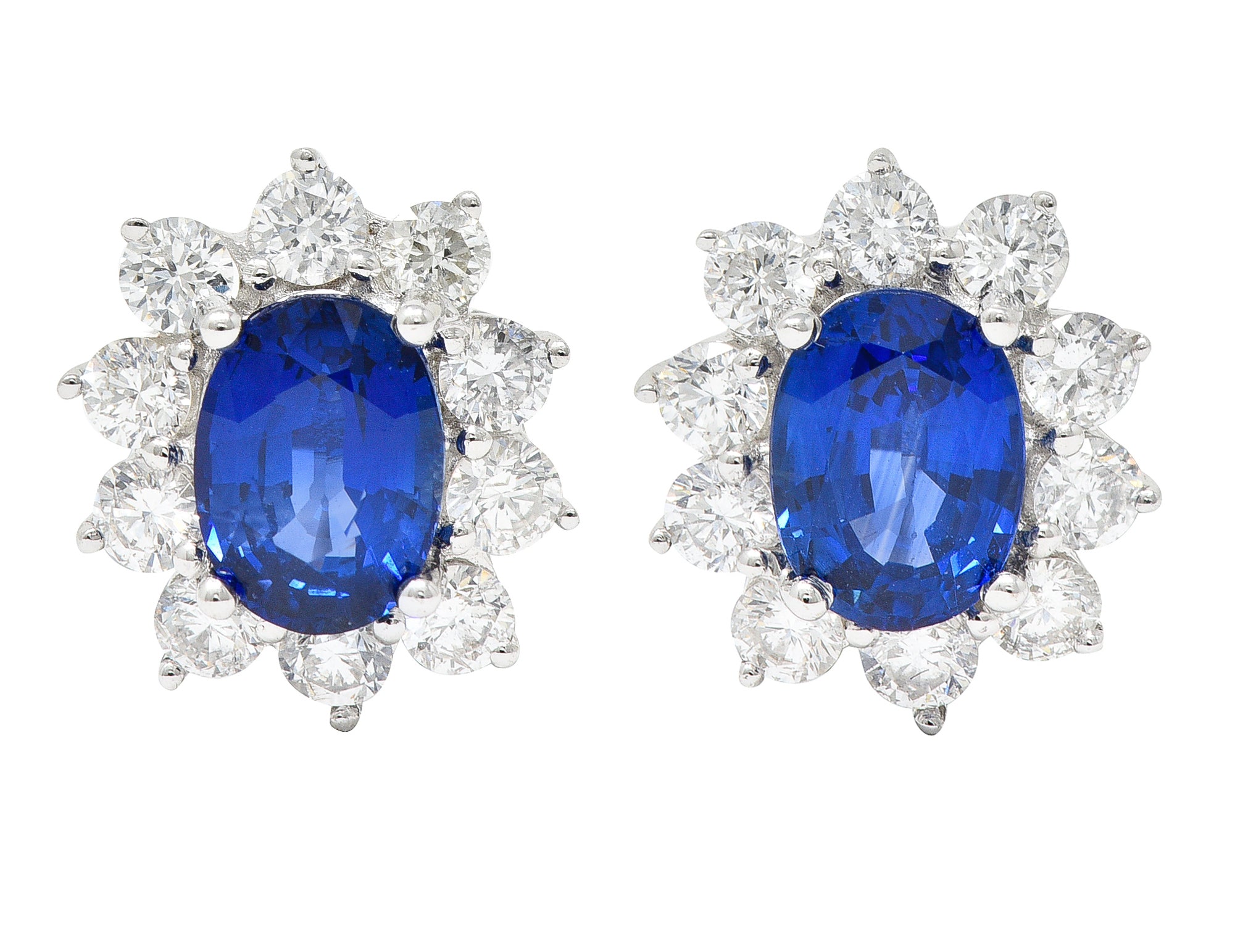 Contemporary 3.20 CTW Sapphire Diamond 18 Karat White Gold Cluster Stud Earrings Wilson's Estate Jewelry